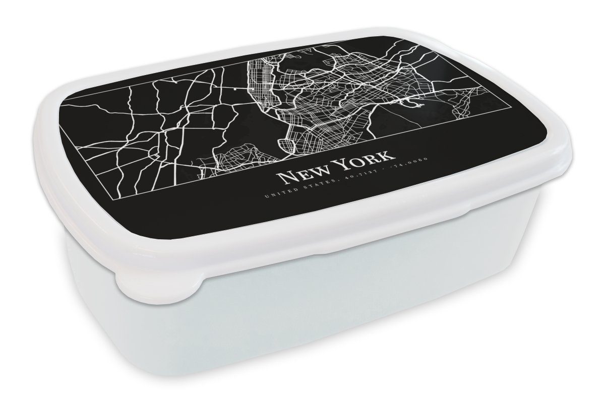 MuchoWow Lunchbox Karte - New York - Stadtplan - Karte, Kunststoff, (2-tlg), Brotbox für Kinder und Erwachsene, Brotdose, für Jungs und Mädchen weiß