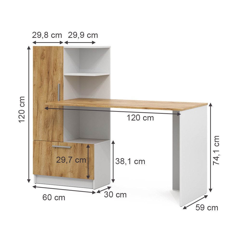 Vicco Schreibtisch Tomy, Weiß/Goldkraft Eiche, 150 günstig online kaufen