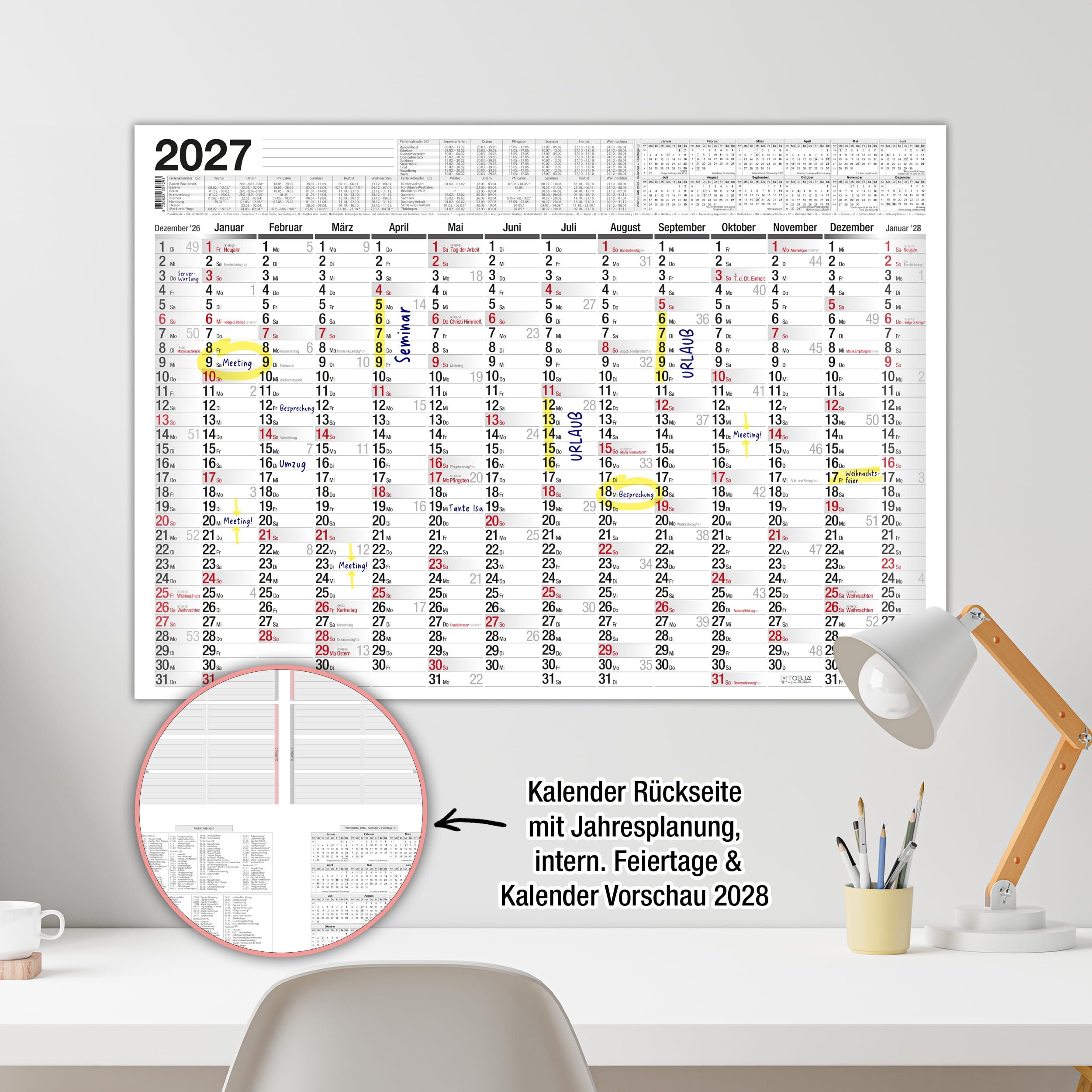 TOBJA Wandkalender Wandkalender 2027 A2 Standard 14 Monate – Jahresplaner quer, 14 Monate, Schulferien DE, KW, Rückseite Jahresplanung – Bild 3 von 5