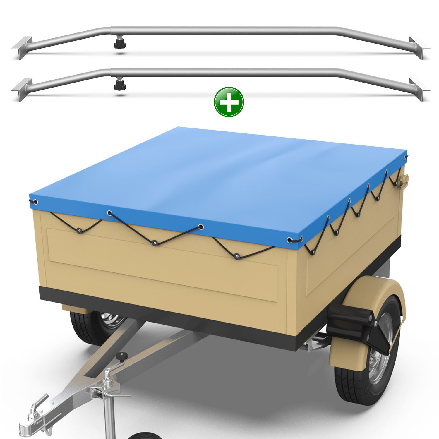 Tarpofix® Schutzplane Anhängerplane DDR Anhänger PVC wasserdicht UV-beständig (Blaue Plane + 2x Planenbügel), Flachplane 140x105 cm + 2x Planenbügel Set