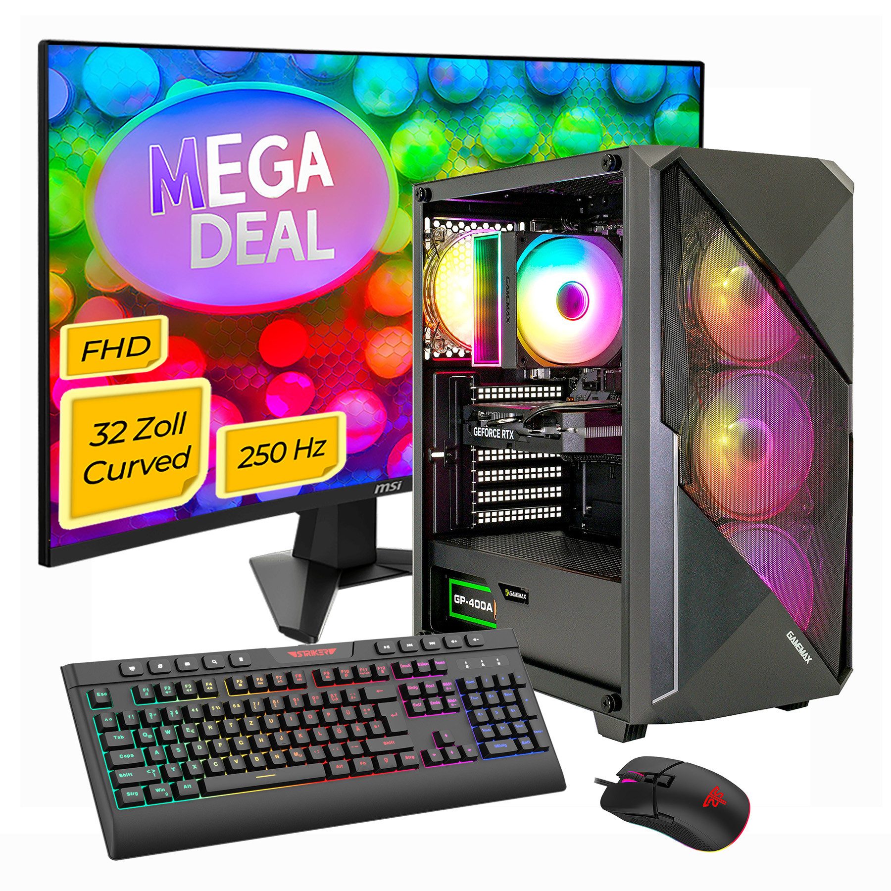 GAMEMAX MegaDeal Striker 2740 AMD Ryzen 7 5700X 16GB 480GB SSD RTX 5060 Gaming-PC-Komplettsystem (32", AMD Ryzen 7 5700X, RTX 5060, 16 GB RAM, 480 GB SSD, Windows 11 + MSI MAG 32C6X Gaming Monitor, Curved 80cm (32)