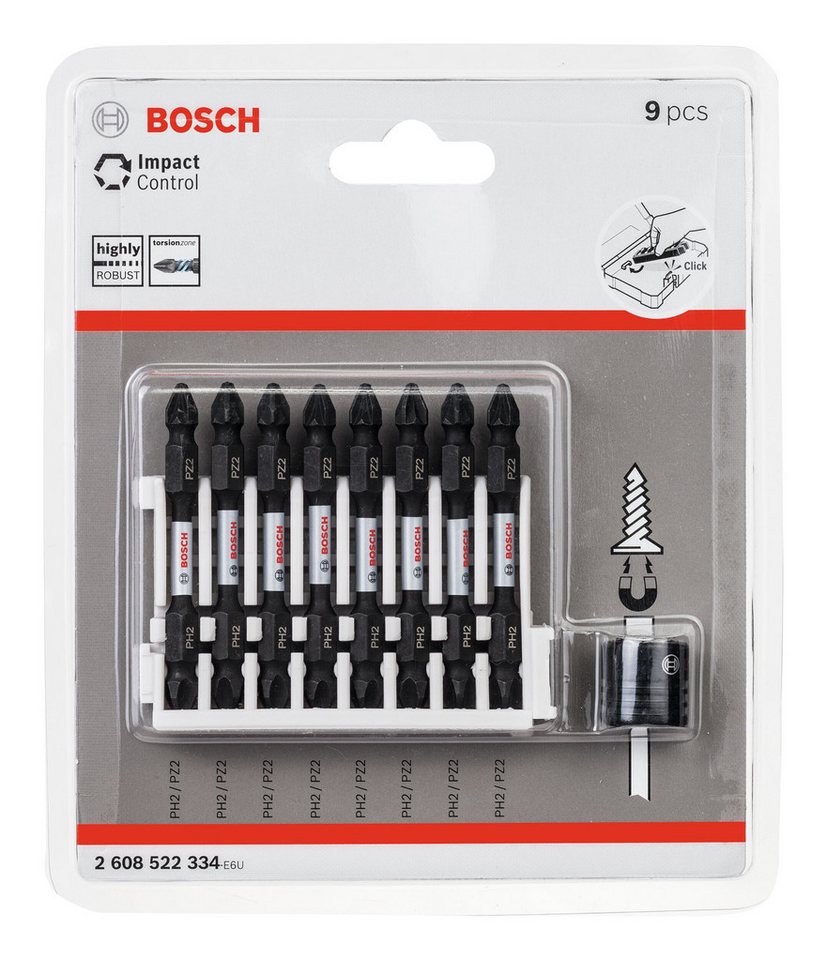 Thumbnail - BOSCH Bit-Set, 9 Teile, Impact Control Doppelklingen Schrauberbit m. Magnethülse - PH2-PZ2