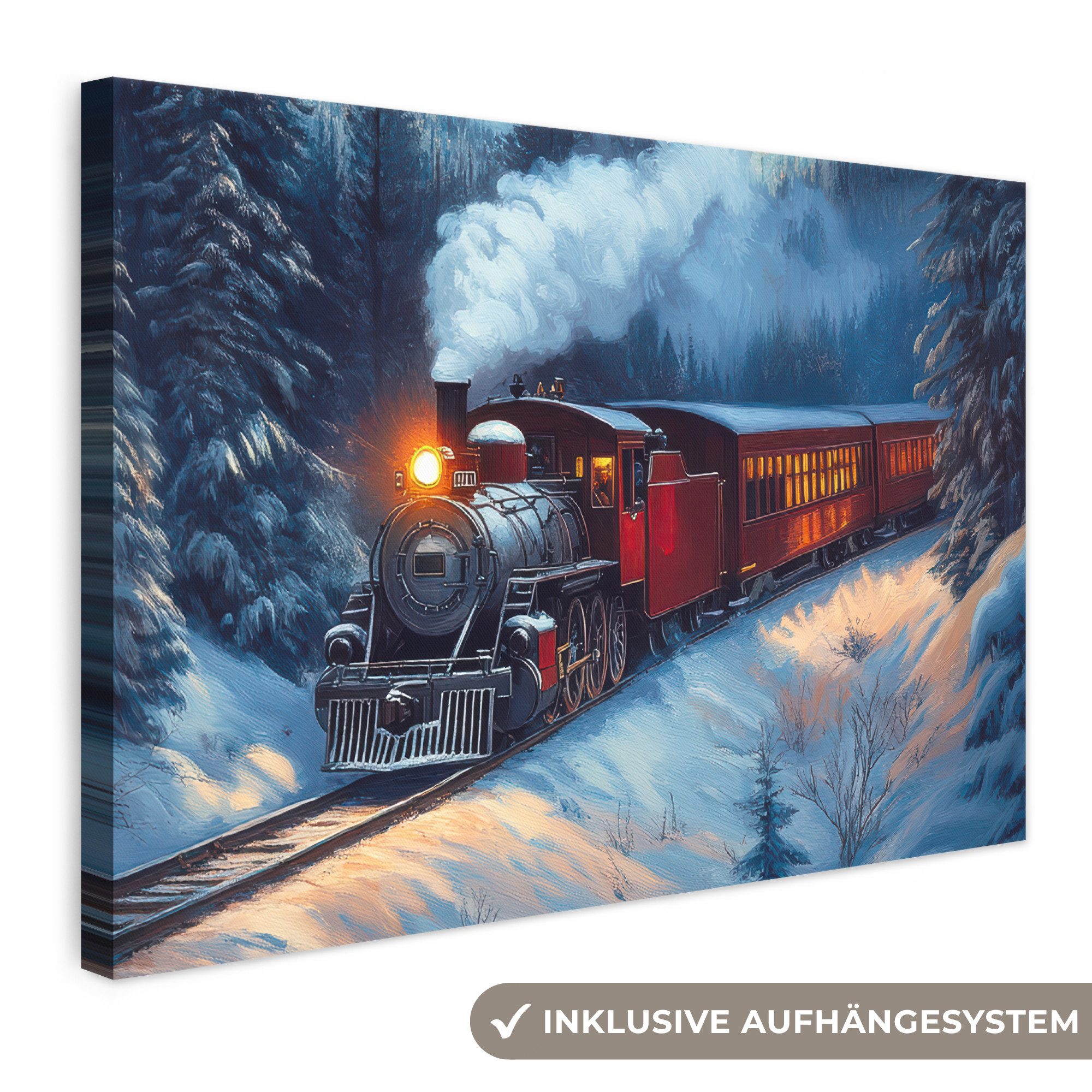 OneMillionCanvasses® Leinwandbild Zug - Weihnachten - Schnee - Weihnachtszug, Fotodruck (1 St), Leinwand Bilder Klein, Wand Dekoration Aesthetic 30x20 cm