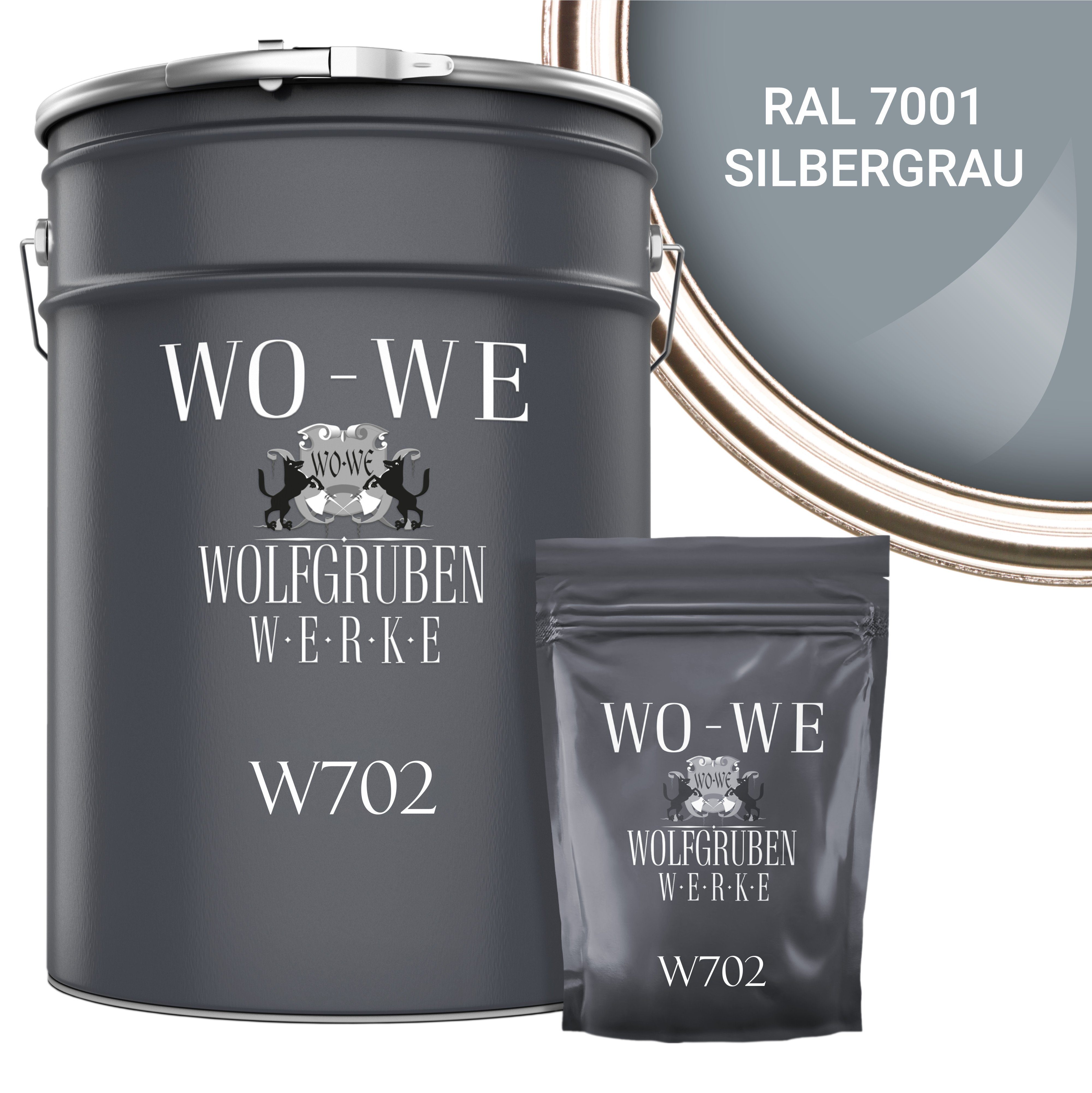 WO-WE Bodenversiegelung 2K Garagenfarbe Bodenbeschichtung 7001 RAL Epoxidharz Silbergrau W702, Seidenglänzend, 2,5-20Kg