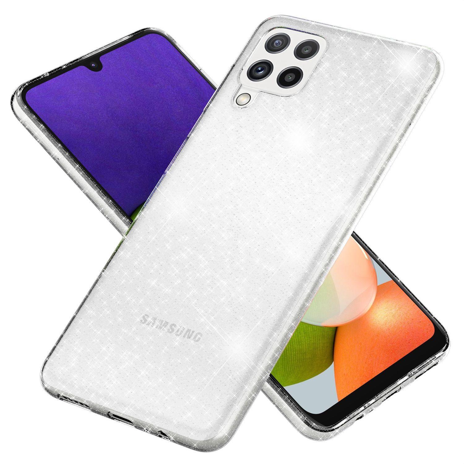 Nalia Smartphone-Hülle Samsung Galaxy A22 16,3 cm (6,4 Zoll), Klare Glitzer Hülle / Silikon Transparent / Glitter Cover / Bling Case