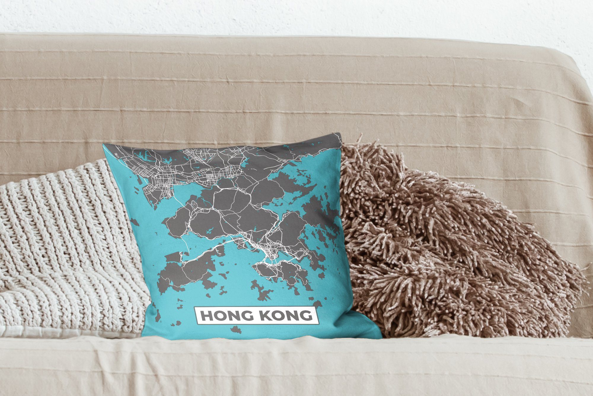 MuchoWow Dekokissen Schlafzimmer, Deko, Wohzimmer, - für Karte Füllung Hongkong Stadtplan, Blau Zierkissen - Sofakissen mit 
