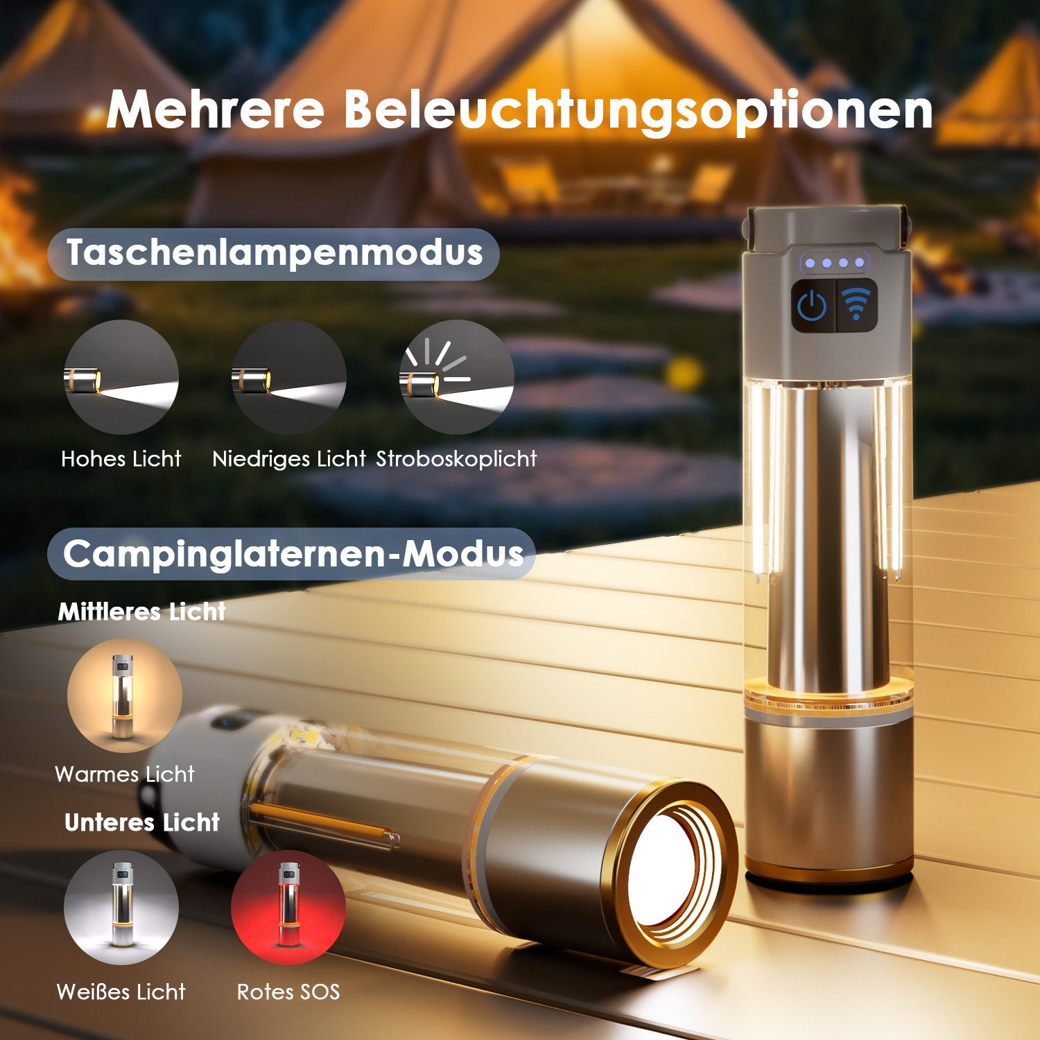 Quntis LED Taschenlampe mit starkem licht, campinglampe, taschenlampe mit akku, Camping Licht (1-St), Handlampe mit 5 Lichtmodi, 2400mAh Akku, kompakt & tragbar