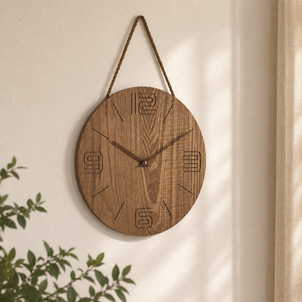 K&L Wall Art Wanduhr Hängeuhr Vintage Bahnhofsuhr mit Sisalseil Wanduhr aus Holz (Hängende Wohnzimmer Wanduhren ohne Tick-Geräusche)