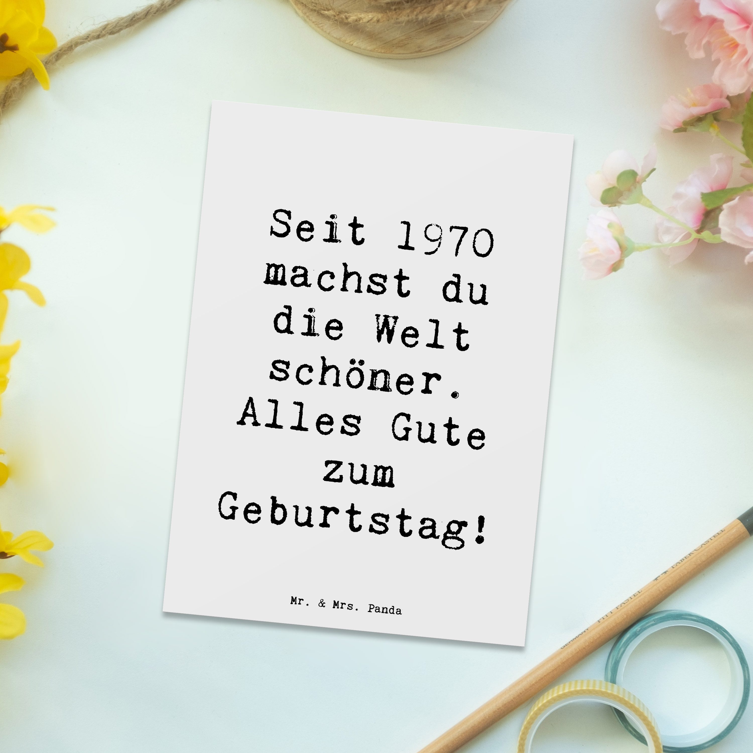 Thumbnail - Mr. & Mrs. Panda Postkarte Spruch 1970 Geburtstag - Weiß - Geschenk, Geburtstagsgeschenk, Einlad