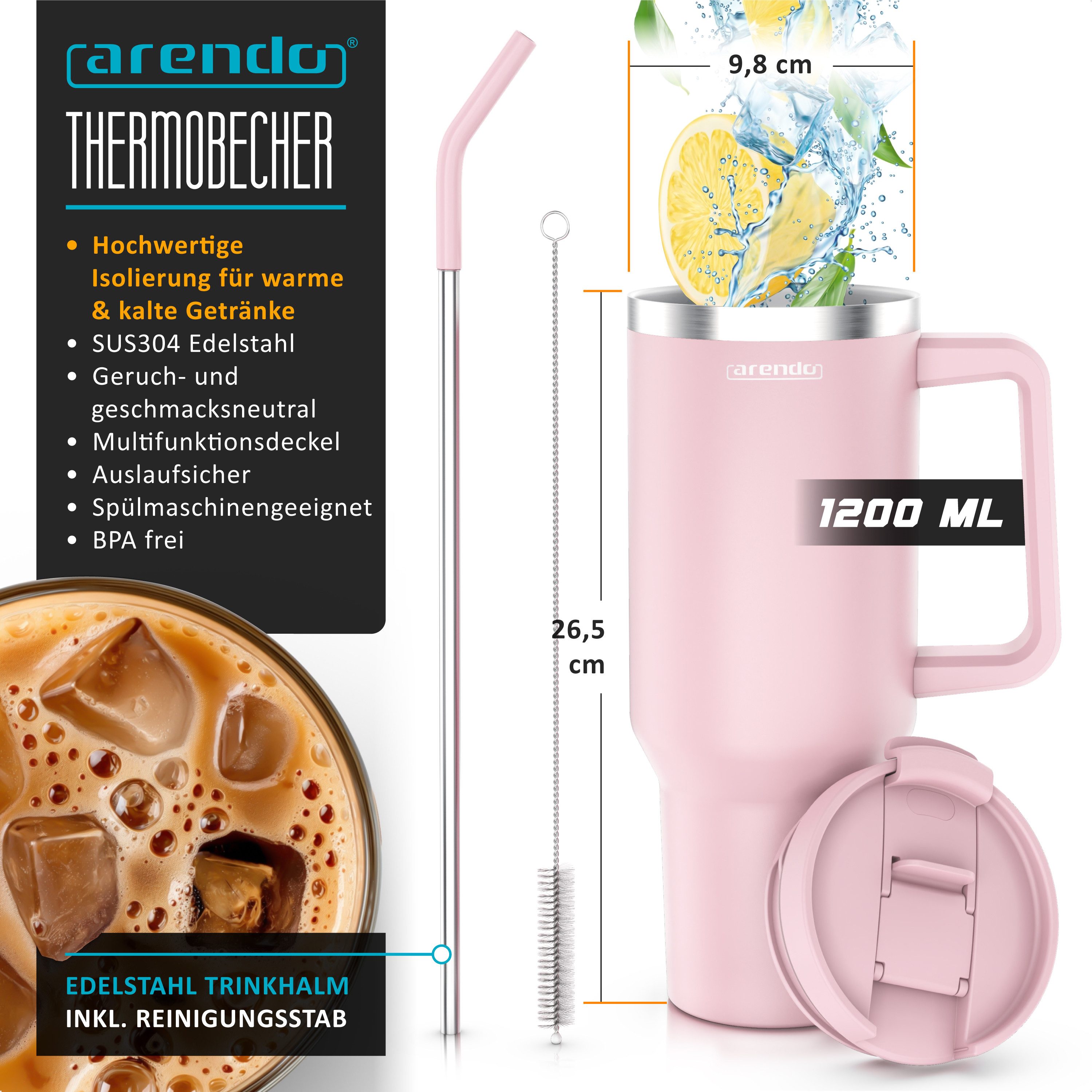 Arendo Thermobecher Tumbler 1200 ml, Becher mit Deckel, Henkel und Strohhalm, Thermal Mug, 4-tlg., Edelstahl, doppelwandig, Vakuumgehäuse aus Edelstahl, luftdichter Verschluss