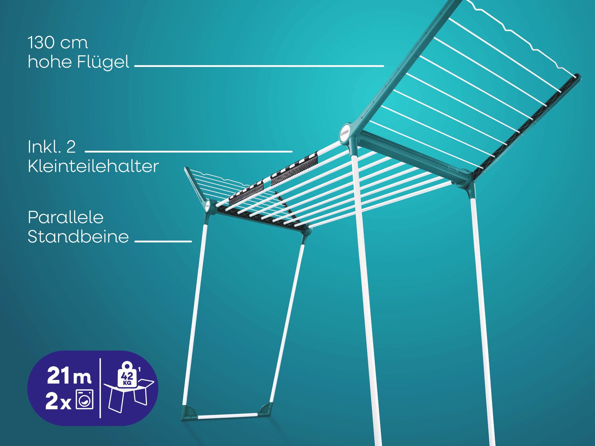 Leifheit Wäscheständer Pegasus RockSolid Maxx, 21 m Trockenlänge, für lange Wäschestücke, standfest, abdruckfrei – Bild 2 von 5