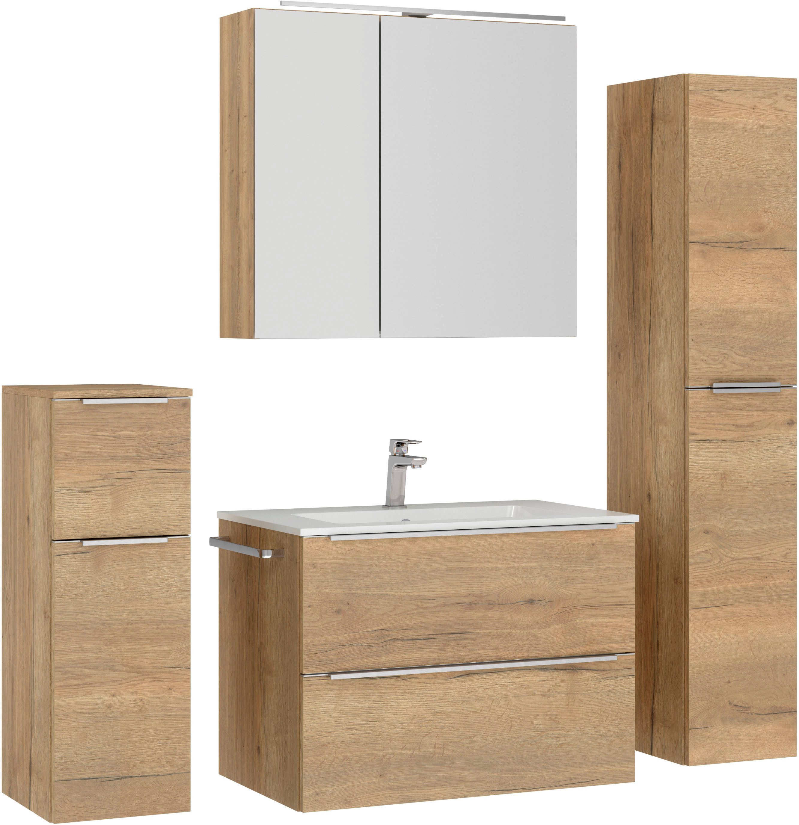 nobilia® Badmöbel-Set Levere, (4-St., vormontiert, mit Soft-Close), inkl. Spiegelschrank mit Beleuchtung und Dimmerfunktion, in 4 Breiten