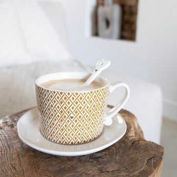Bastion Collections Tasse Tasse mit Henkel Little Check Keramik weiß karamell, Keramik, handbemalt