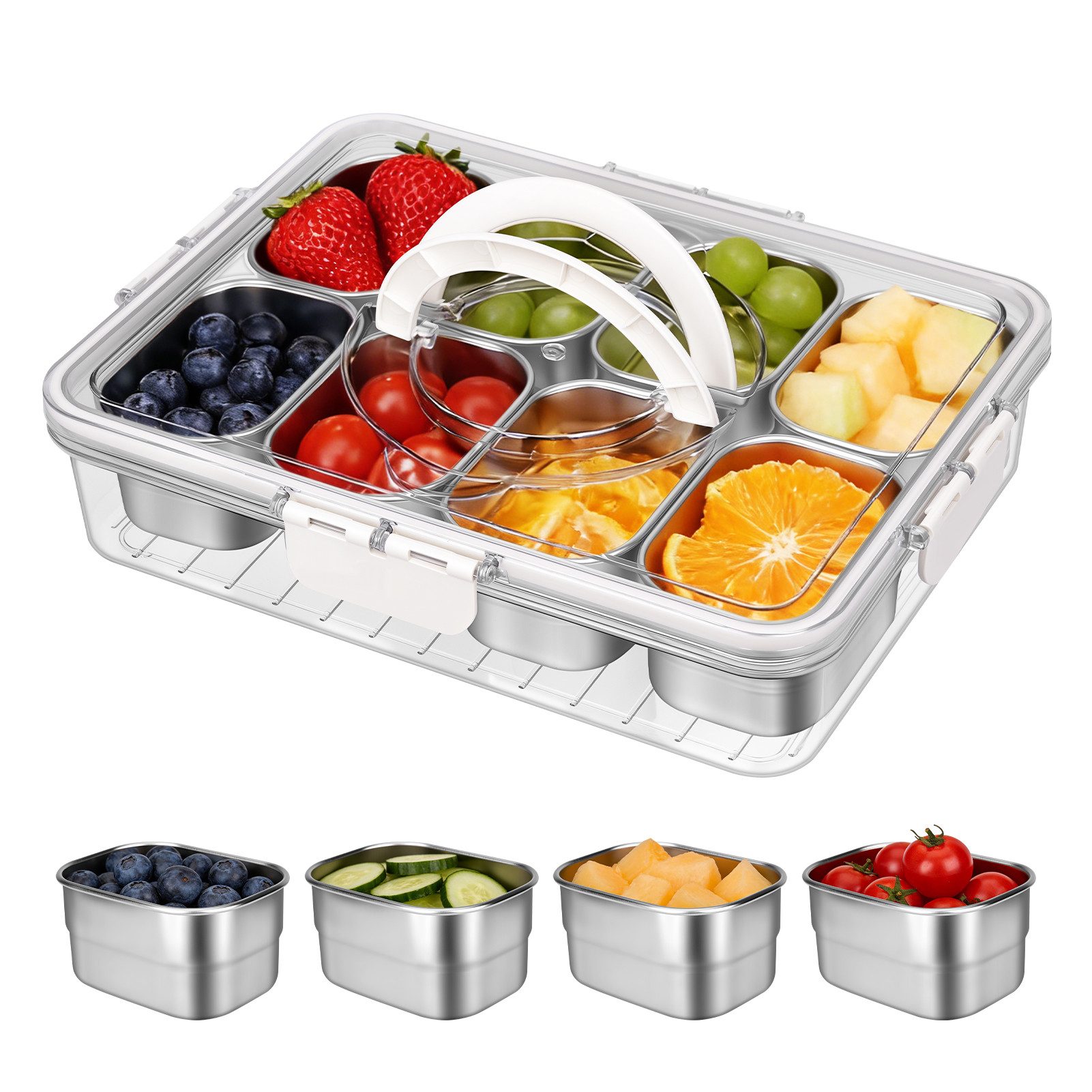 OSTWOLKE Frischhaltedose Snackbox mit 8 Fächern aus Edelstahl, Snackschale mit Deckel und Griff, Edelstahl 304, Snackbox für Obst, Gemüse, Kekse, Nüsse, Snackdose für Picknick Party