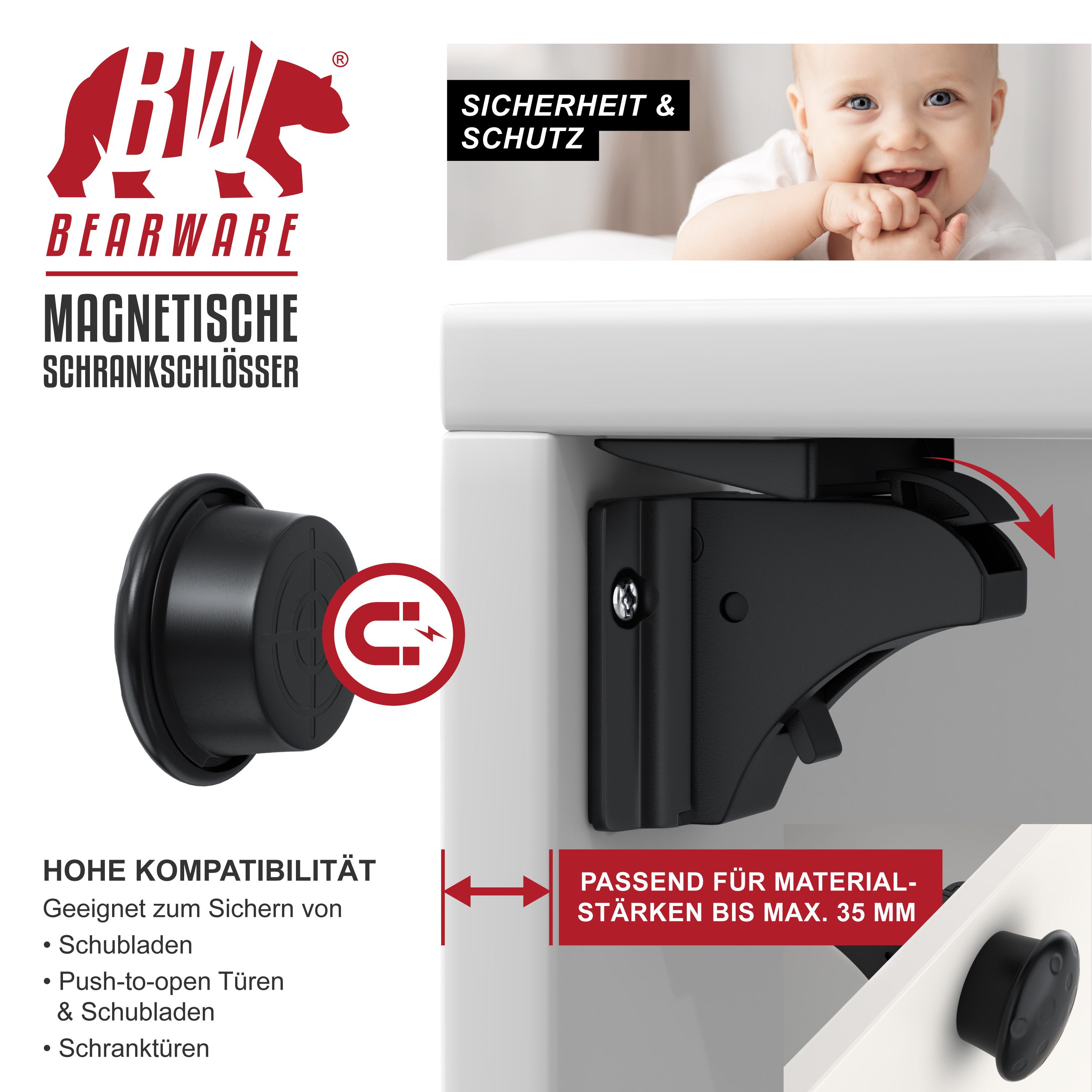 BEARWARE Child Safety Magnetic Cabinet Locks, 10 Pack, 2 Keys, Childproof, Self-Adhesive, Drill-Free, Invisible, for Cabinets & Drawers