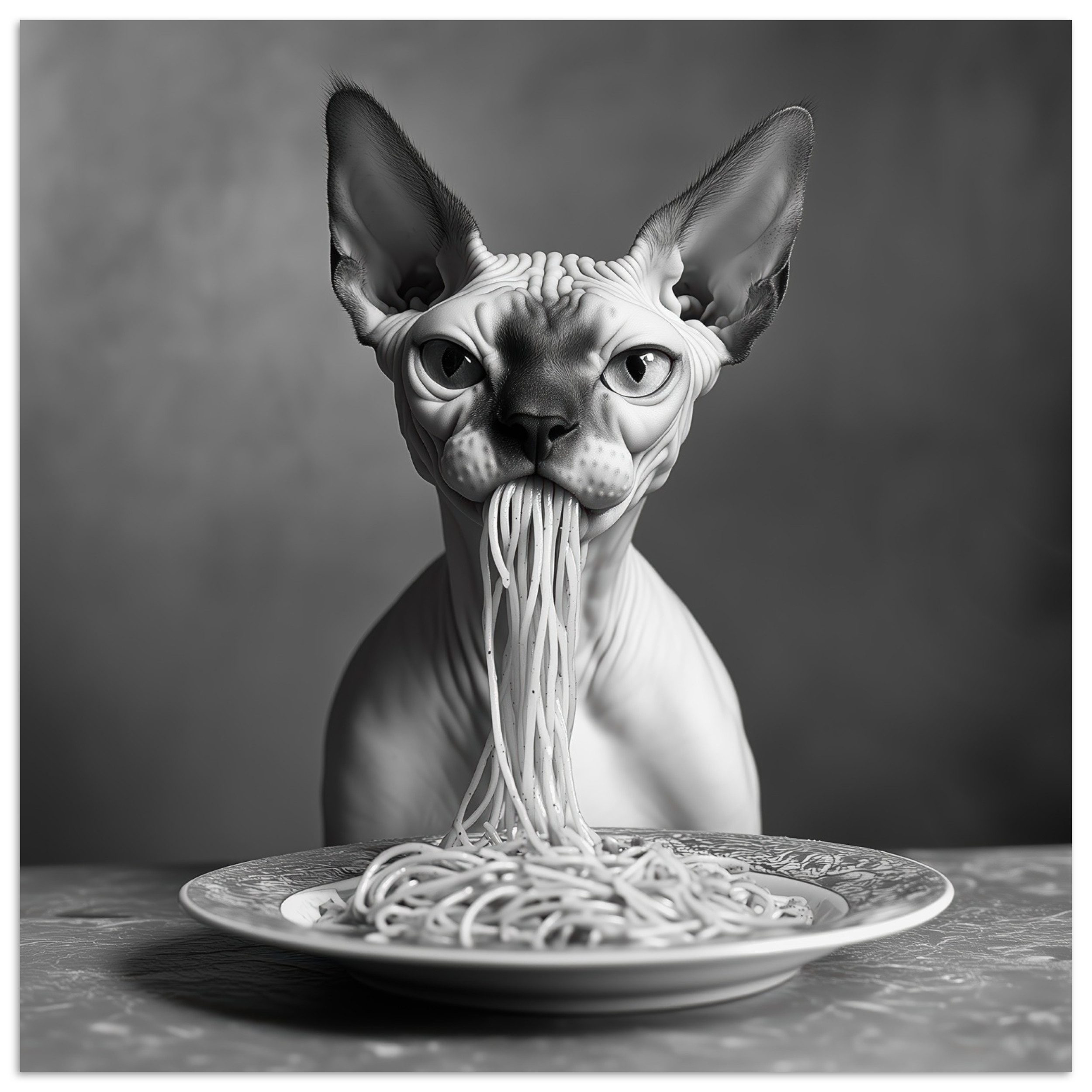MuchoWow Poster Sphynx - Katze - Tiere - Humor - Spaghetti - Schwarz und Weiß, (1 St), Poster ohne Rahmen, Wandbild, Wandposter, 50x50 cm