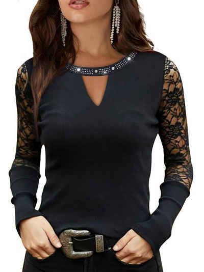 PYL Langarmshirt »Damen Langärmeliges Spitzenshirt mit V Ausschnitt und Hohlkehle« 34-42 Größe