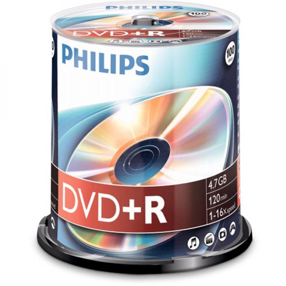 Philips DVD-Rohling DVD+R 4,7 GB Philips 16x Speed in Cakebox 100 Stück