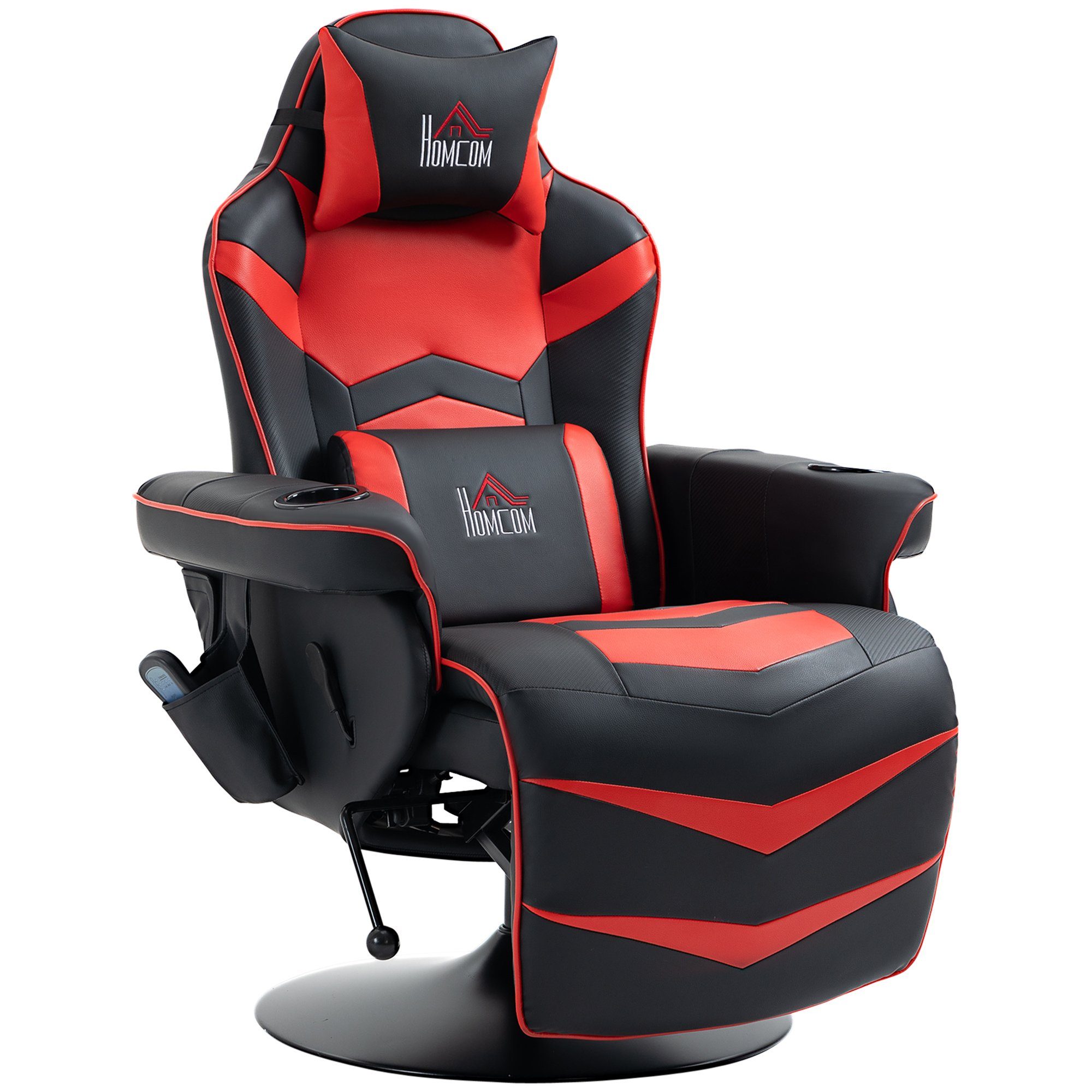 HOMCOM Massagesessel Massagefunktion, inkl. Fußstütze, Liegefunktion, Rot + Schwarz (Gaming-Chair, 1-St., Relaxsessel), abnehmbare Kissen, die Lendenwirbelstütze und der Getränkehalter