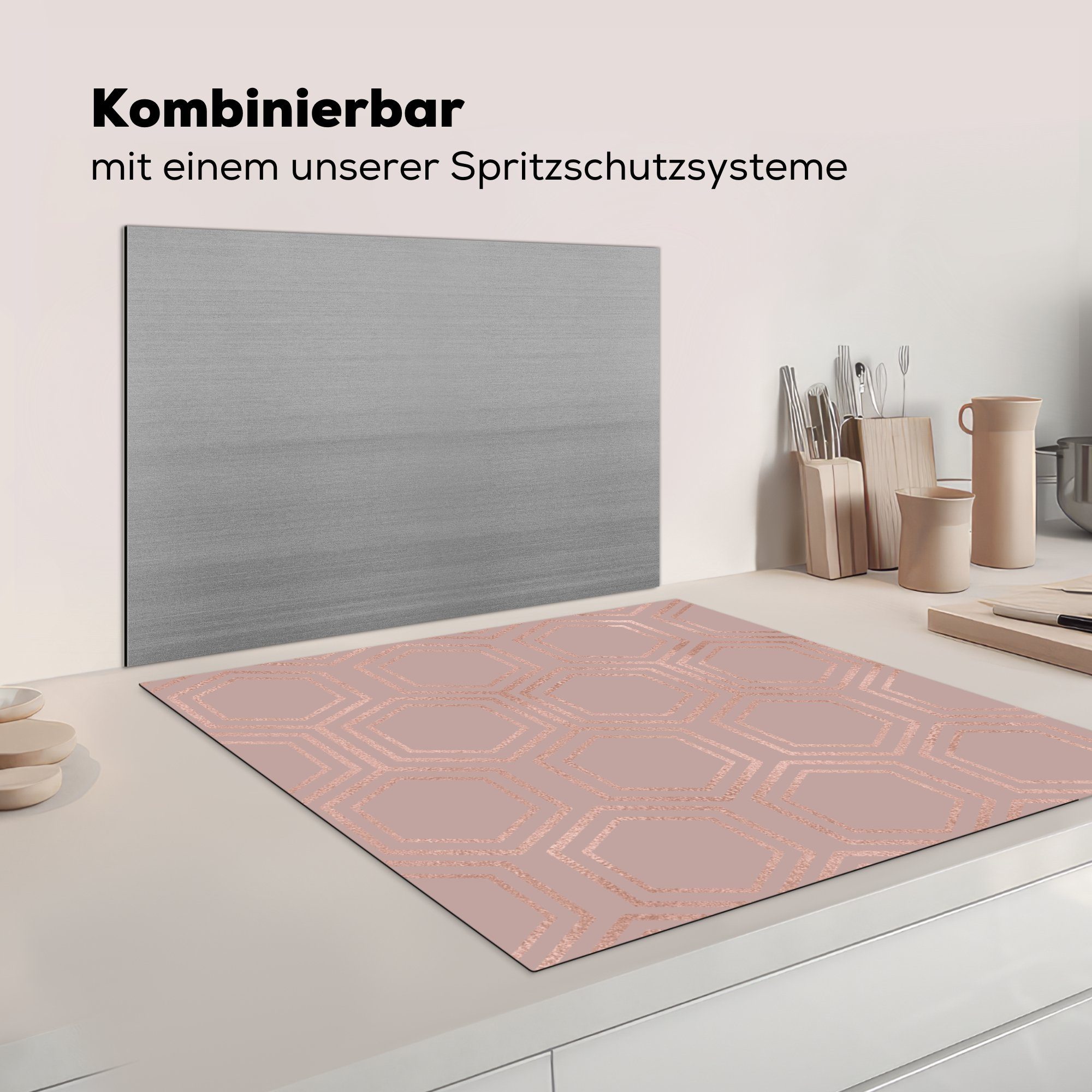 78x78 Arbeitsplatte Vinyl, küche cm, - Muster, MuchoWow Herdblende-/Abdeckplatte - Rosa Sechseck Ceranfeldabdeckung, (1 für tlg),