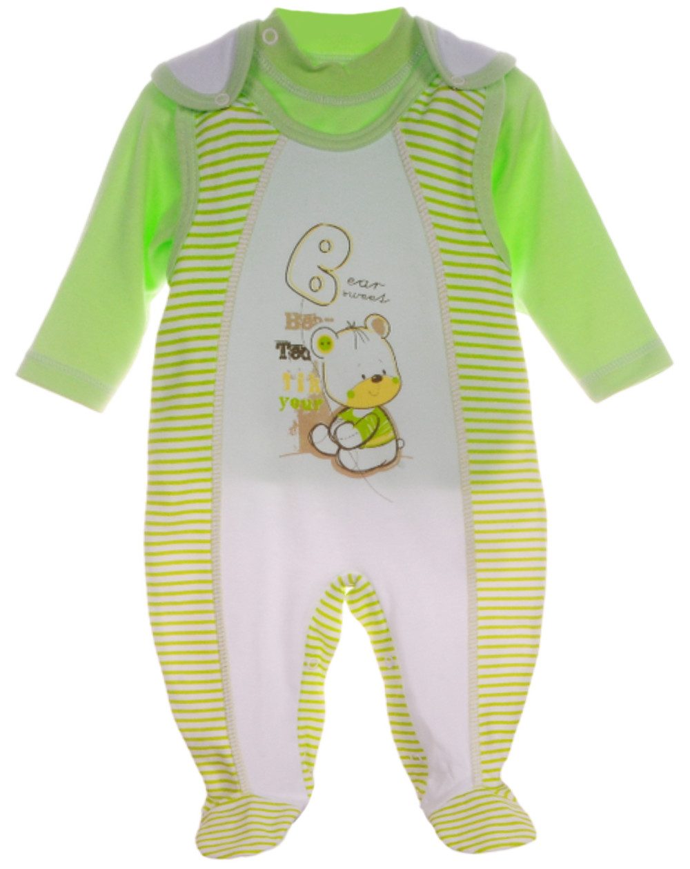 La Bortini Strampler Baby Stramplerhose und Langarmshirt Set in Weiß grün mit Bär aus Baumwolle, 62 68 neutral, unisex