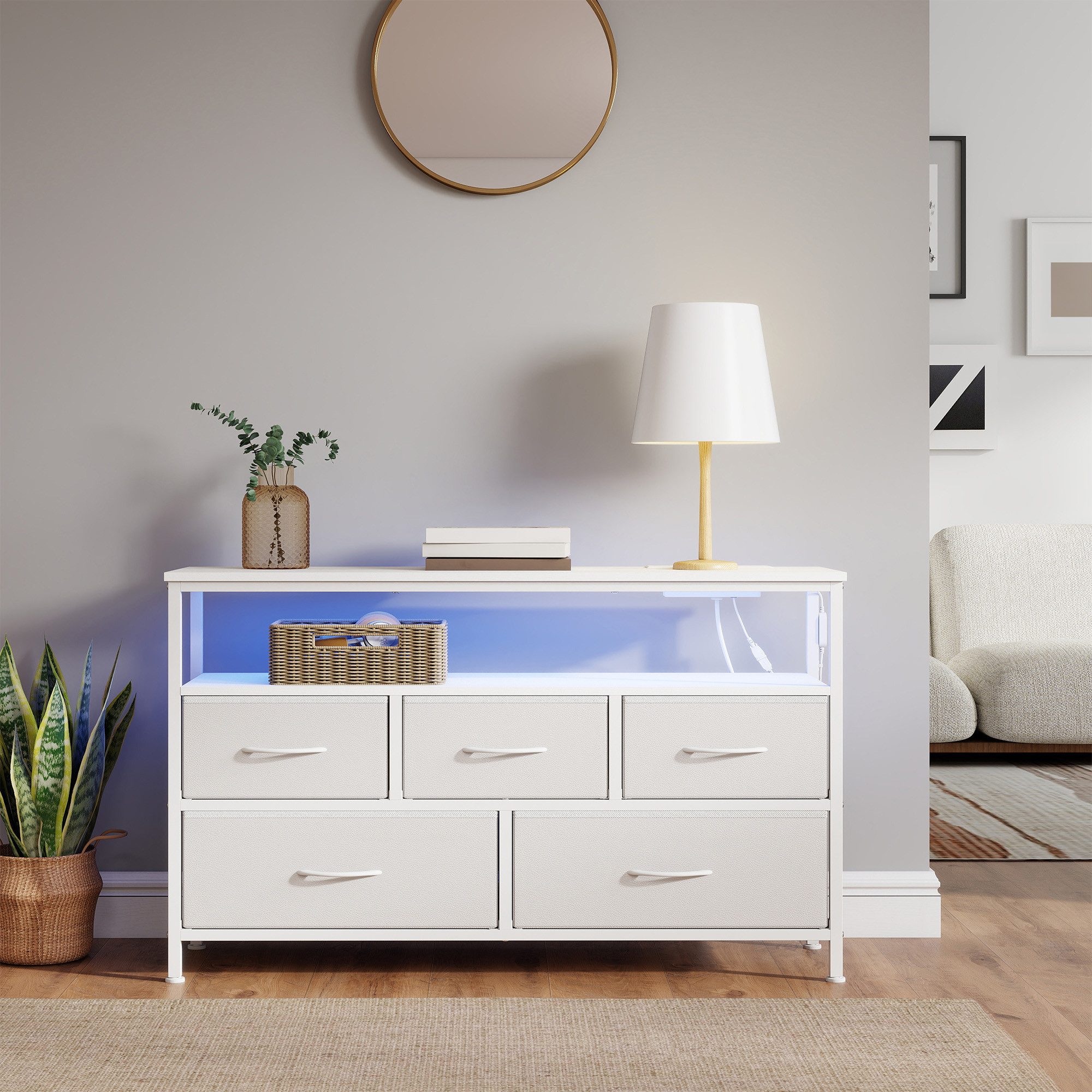 SONGMICS Kommode Sideboard, Schubladenschrank, 5/7 Schubladen, mit LED-Beleuchtung, Ladestation