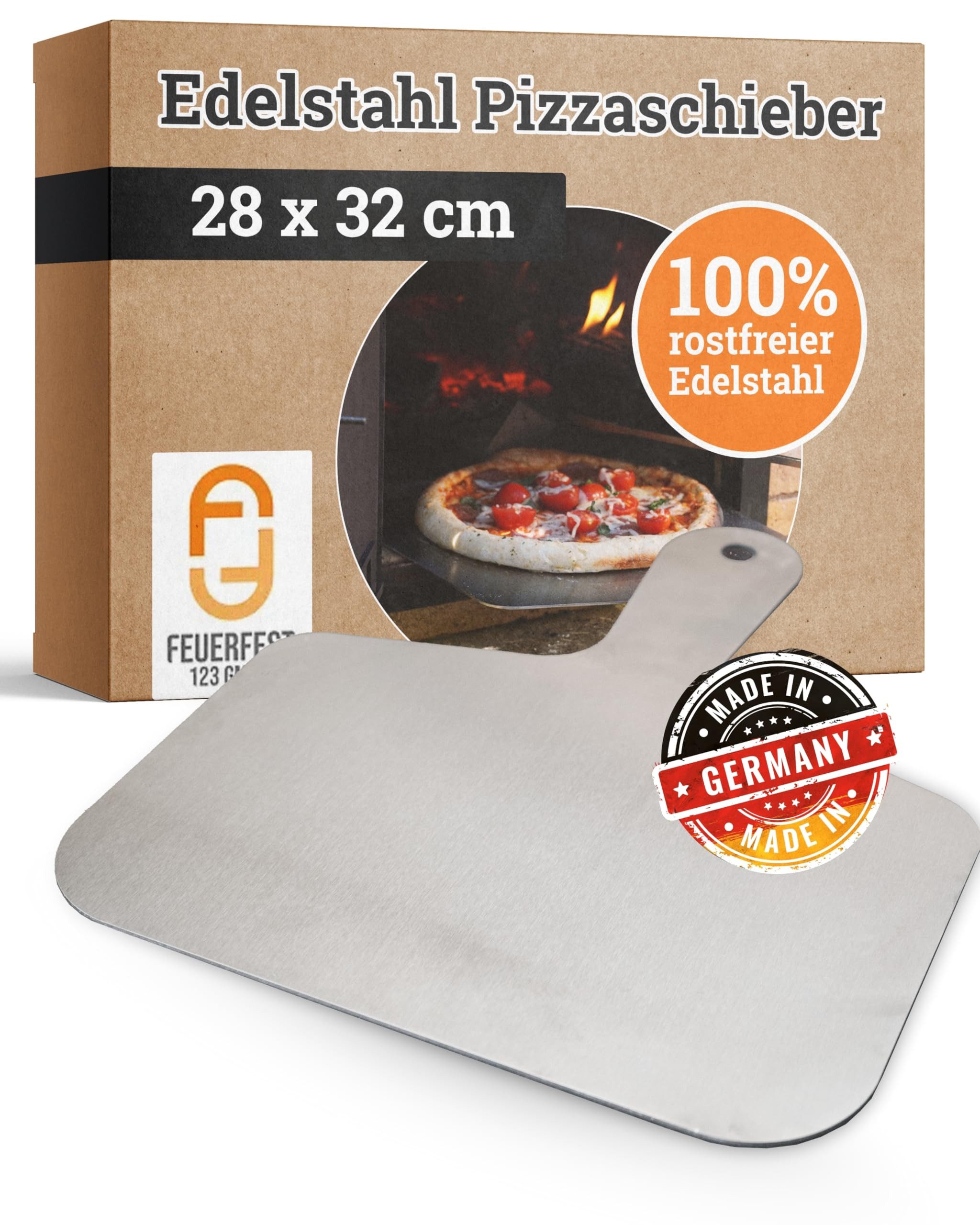 Feuerfest 123 GmbH Pizzaschieber Pizzaschieber Edelstahl 28 x 32 cm, perfekter Halt ohne verbrennen - 100 % Made in Germany
