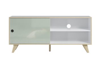 möbelando TV-Board Ankeny, TV-Lowboard im skandinavischen Design, Korpus aus Spanplatte, Front aus MDF in Weiß-Hochglanz, Absetzungen in Grün Hochglanz mit 1 Holztür, 2 Einlegeböden und 2 offenen Fächern. Breite 145 cm, Höhe 63 cm, Tiefe 40 cm