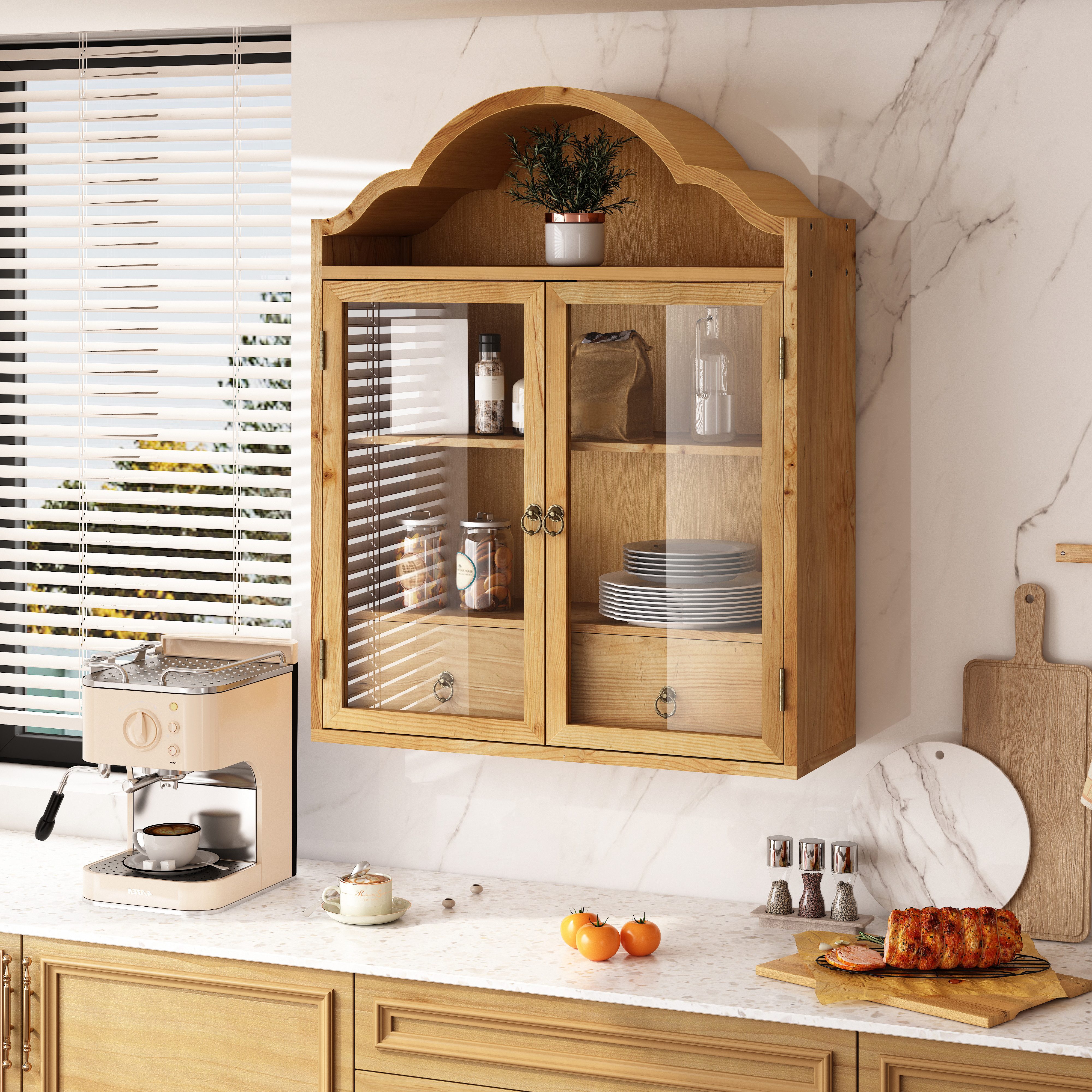 Celya Hängeschrank Retro Wandschrank Mit Geschwungenem Wellendach Und Schubladen (Einsetzbar Für Küche, Badezimmer, Esszimmer Und Wohnzimmer) mit verstellbaren Einlegeböden, 2 Türen, 2 Schubladen