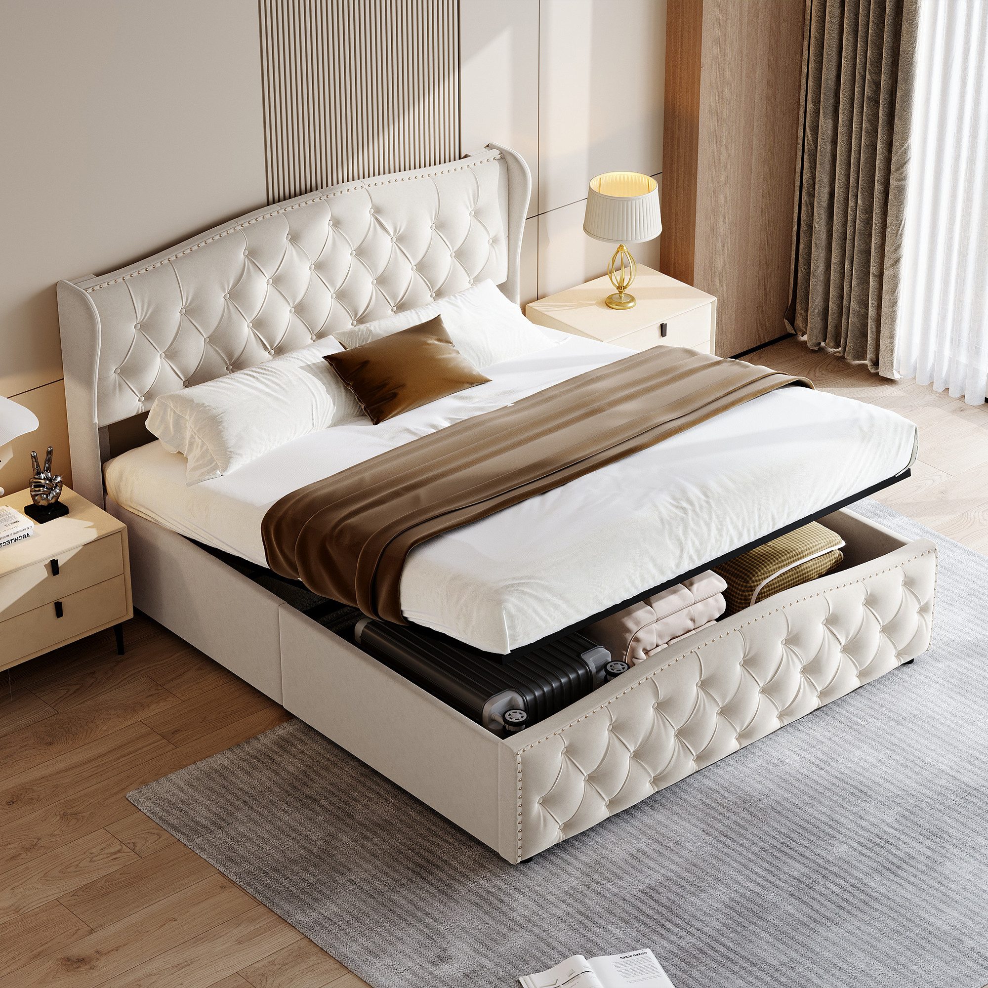 Simurq Polsterbett Doppelbett Stauraumbett mit Stauraum (1-tlg., inkl. Hydraulische Bettkasten), Jugendbett mit Komforthöhe Lattenrost, Leises Design Bett – Bild 3 von 5