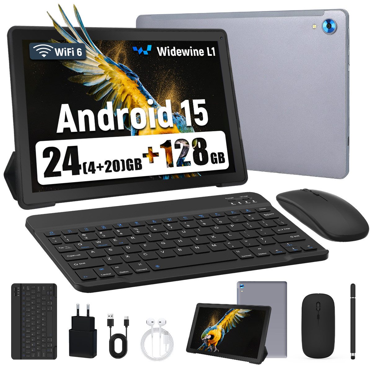 Happybe 10,1 Zoll Android 15, 4GB RAM 128GB mit Tastatur Maus Stylus Hülle Set Tablet (10", 128 GB, Android, WiFi 6, 24(4+20)GB RAM, 1280×800 HD mit Blaulichtfilter für HD-Streaming)