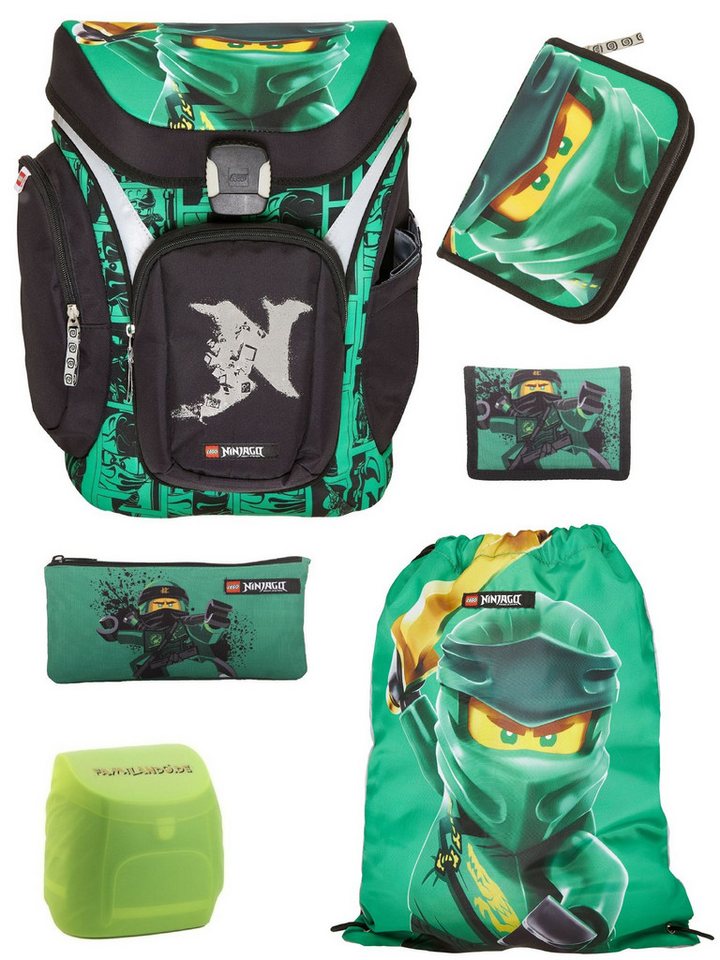LEGO® Bags Schulranzen Explorer Lego Ninjago Schultasche ab der 1. Klasse (Set, 6-tlg., mit Federmäppchen, Schlamper, Geldbeutel & Turnbeutel), ergonomisch, mit Hüft- & Brustgurt, grüner Ninja Lloyd