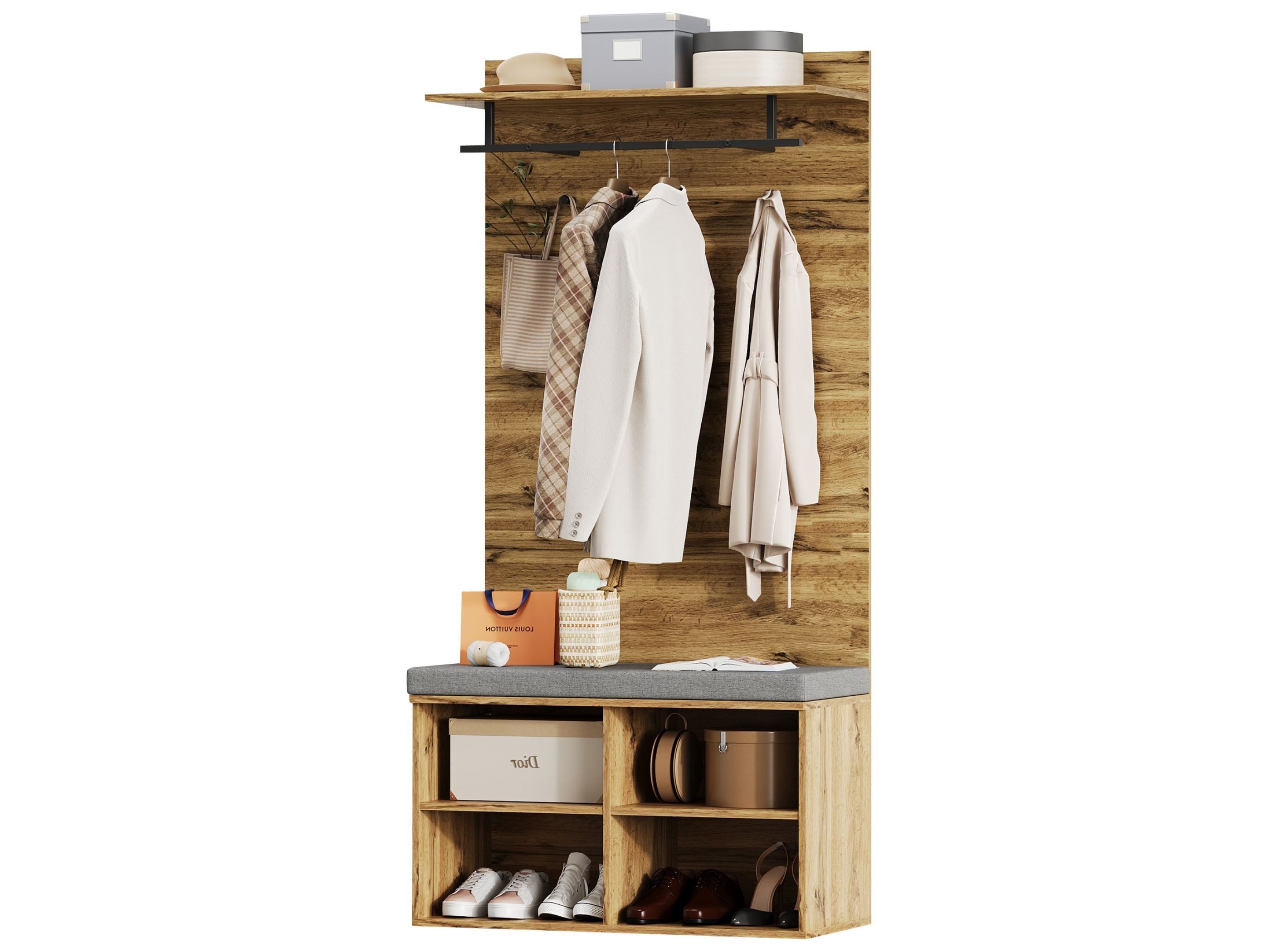 SeedWave Garderobe 5-in-1 Multifunktionaler Garderobenschrank mit Bank, Kleiderhaken, Offenen Staufächern, Moderner Holzoptik, 175 cm Höhe