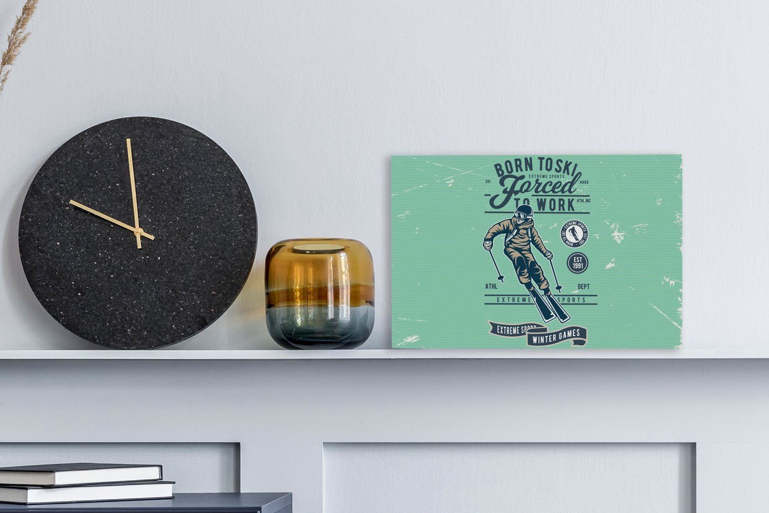 Wanddeko, Skianzug - - Grün, 30x20 St), OneMillionCanvasses® Leinwandbilder, Wandbild Aufhängefertig, Leinwandbild Retro (1 cm