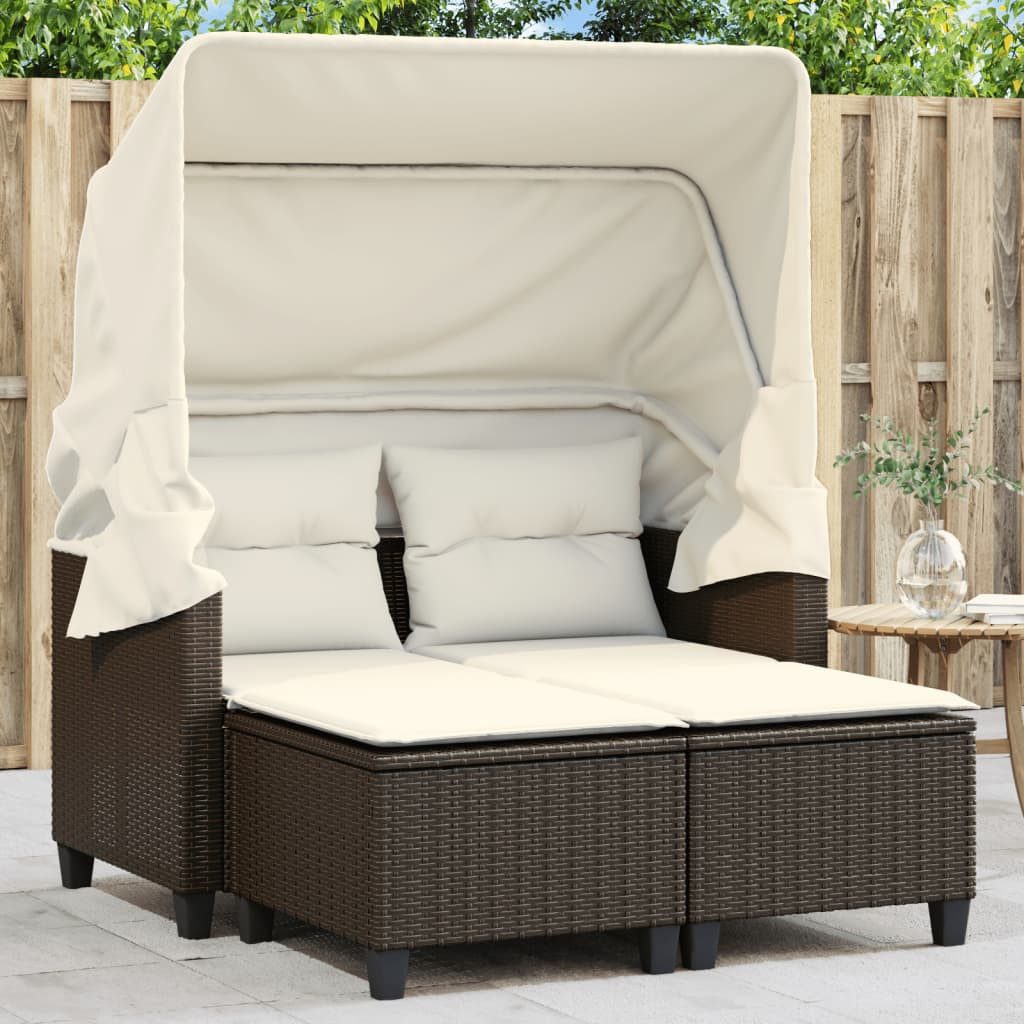 vidaXL Loungesofa Gartensofa 2-Sitzer mit Dach und Hockern Braun Poly Rattan