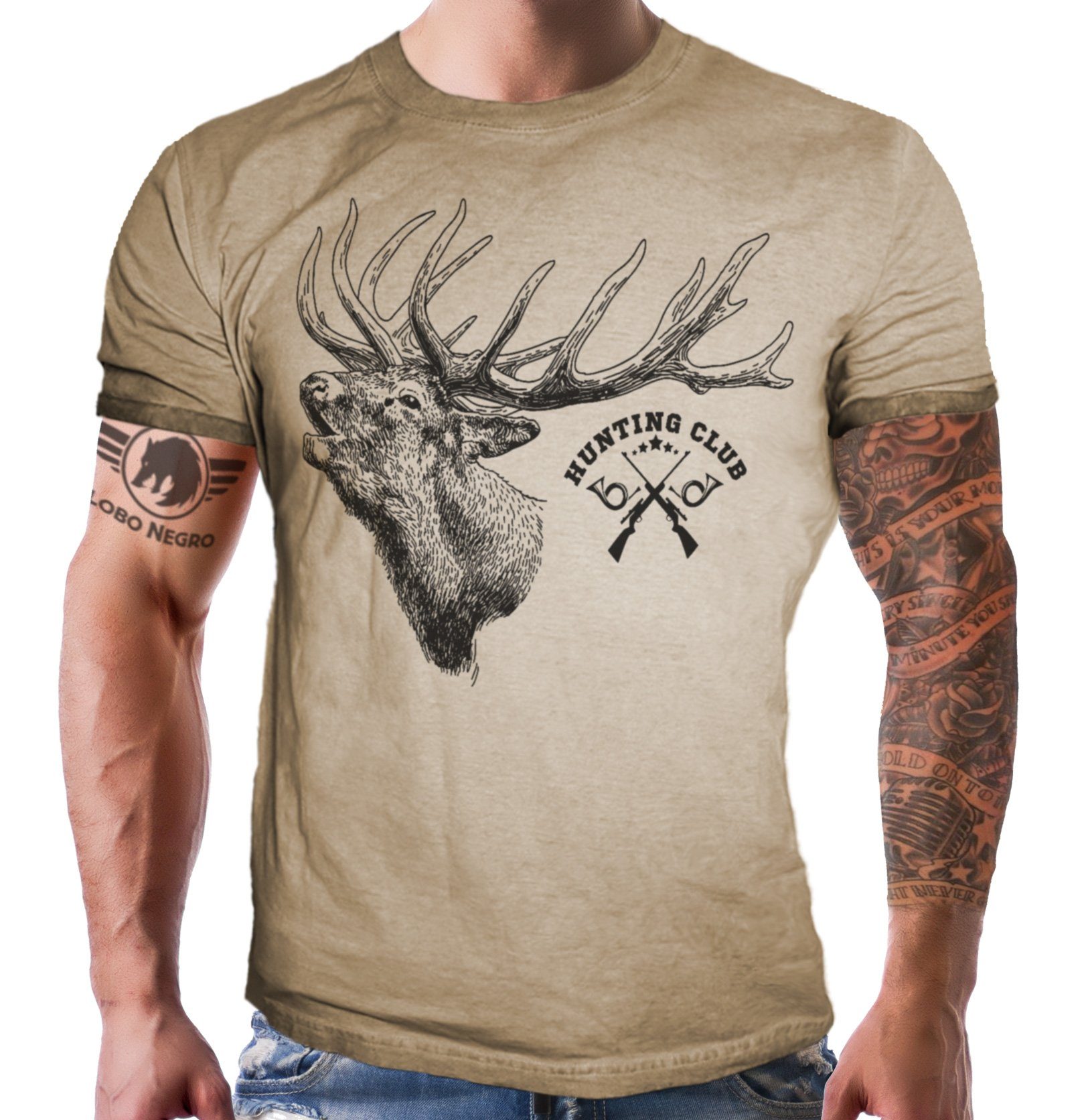 NEGRO® in Club LOBO Optik für T-Shirt Hirsch Hunting Jäger: den Sand Washed
