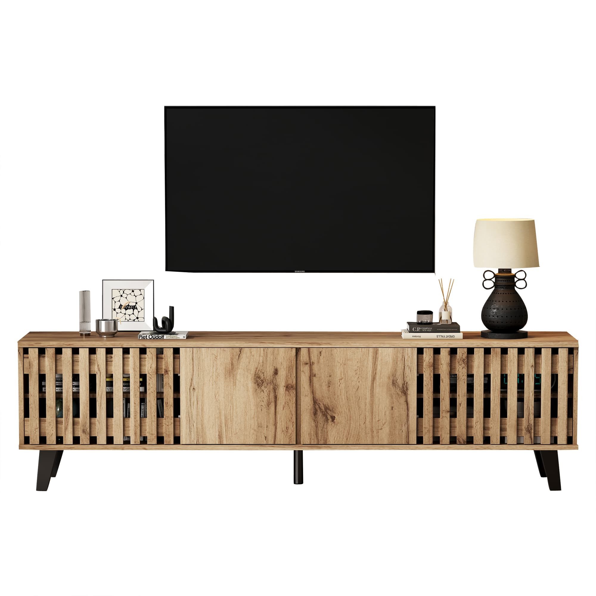 autolock Lowboard TV-Schrank in Originalholzfarbe für 70-Zoll-Fernseher (180 x 40 x 55 cm, 8 separate Ablagefächer), TV-Board Fernsehschrank Kommode TV-Ständer für Wohnzimmer