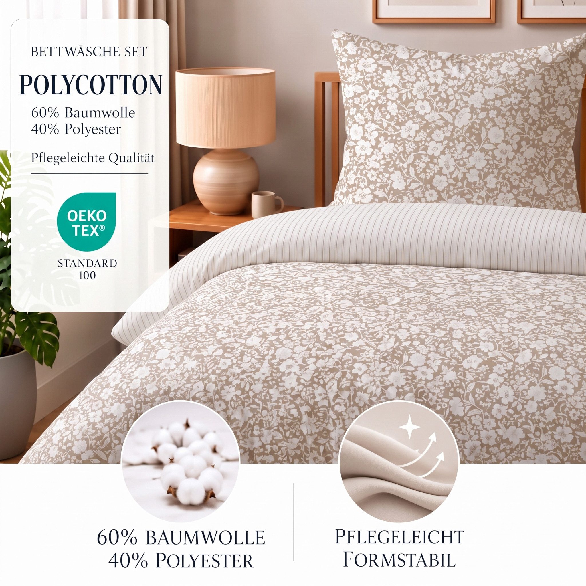 Buymax Bettwäsche Meadow Wendebettwäsche sets für Einzel- und Doppelbetten, Polycotton, 3 teilig, Bettbezug-Set 200x220 cm Reißverschluss, 60% Baumwolle, 40% Po – Bild 2 von 5