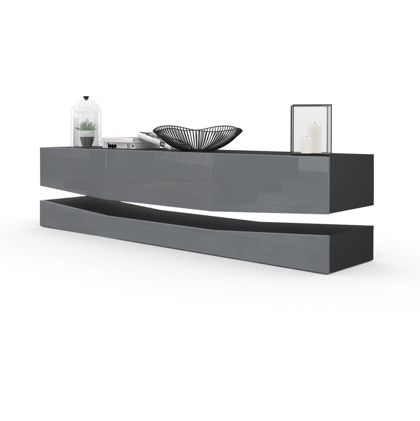 Vladon Lowboard City (TV-Kommode mit Sockelelement, 1 offenem Fach und 3 Schubkästen), Schwarz matt/Grau Hochglanz (178 x variabel x 39 cm)