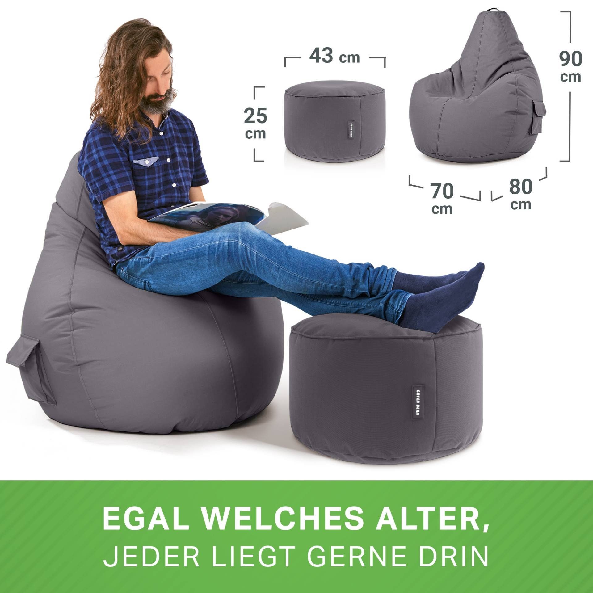 Green Bean Gaming Chair Cozy + Sitzhocker, Set Sitzkissen, Sitzsack Stay, mit Relax-Sessel Anthrazit