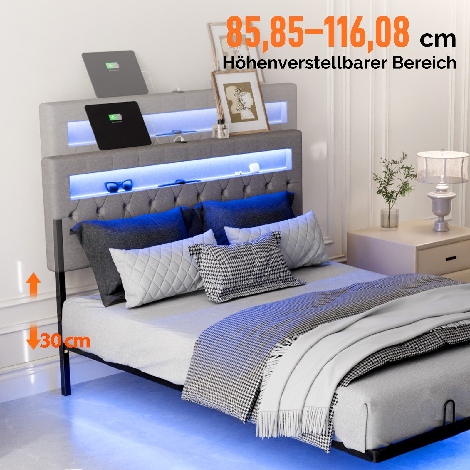 VINGLI Polsterbett mit LED-Beleuchtung und Ladestation und verstellbarem Kopfteil (140x200cm), schwebender visueller Effekt – Bild 4 von 5