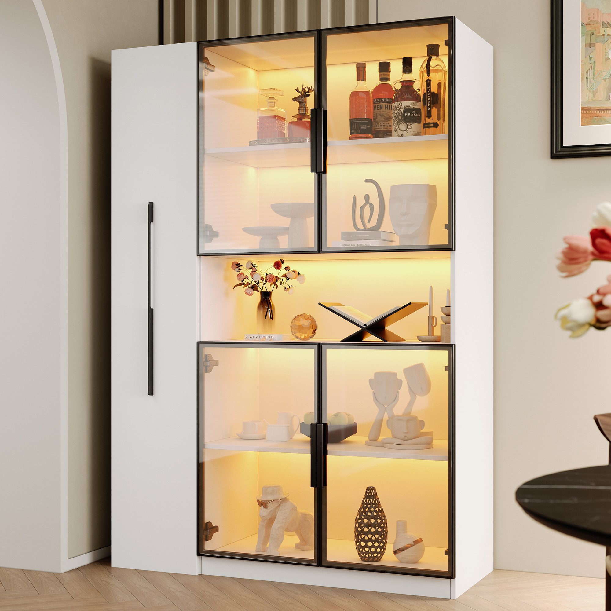 Flieks Glasvitrine mit LED-Beleuchtung, Glastüren und ausziehbaren Regalen (1-St., 110x35x160 cm) multifunktional Standvitrine Eckschrank Hochschrank Sammlervitrine