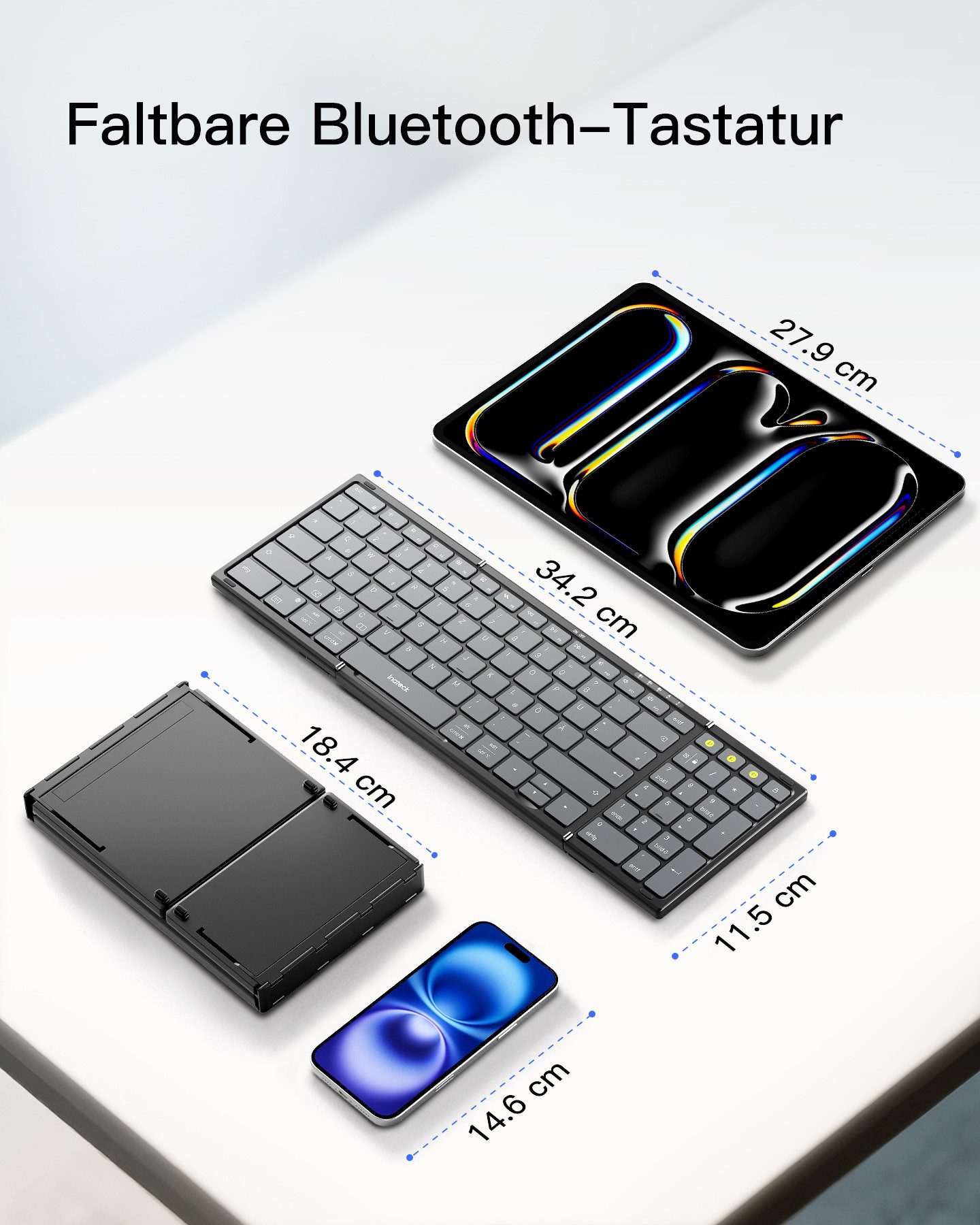 Inateck Faltbare Tastatur Kabellos,mit Ziffernblock,3 Kanälen,AI-Key Wireless-Tastatur (für Windows, iPad OS, Android, iOS)