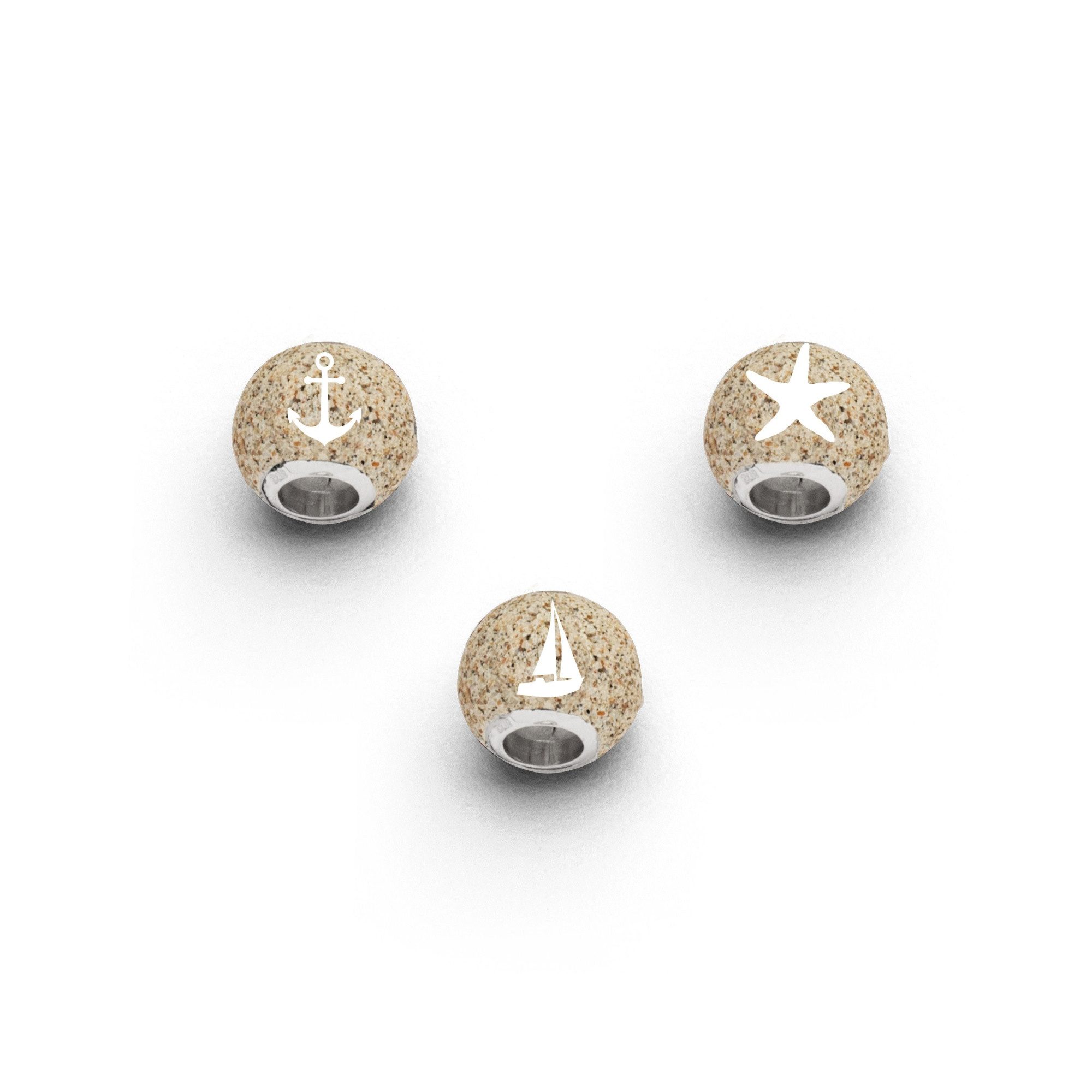 DUR Kettenanhänger P4497 Wechselperle 2.0 – Strandsandkugel mit Seestern, Anker, & Ahoi-Schiff – 925er Silber – 11 mm