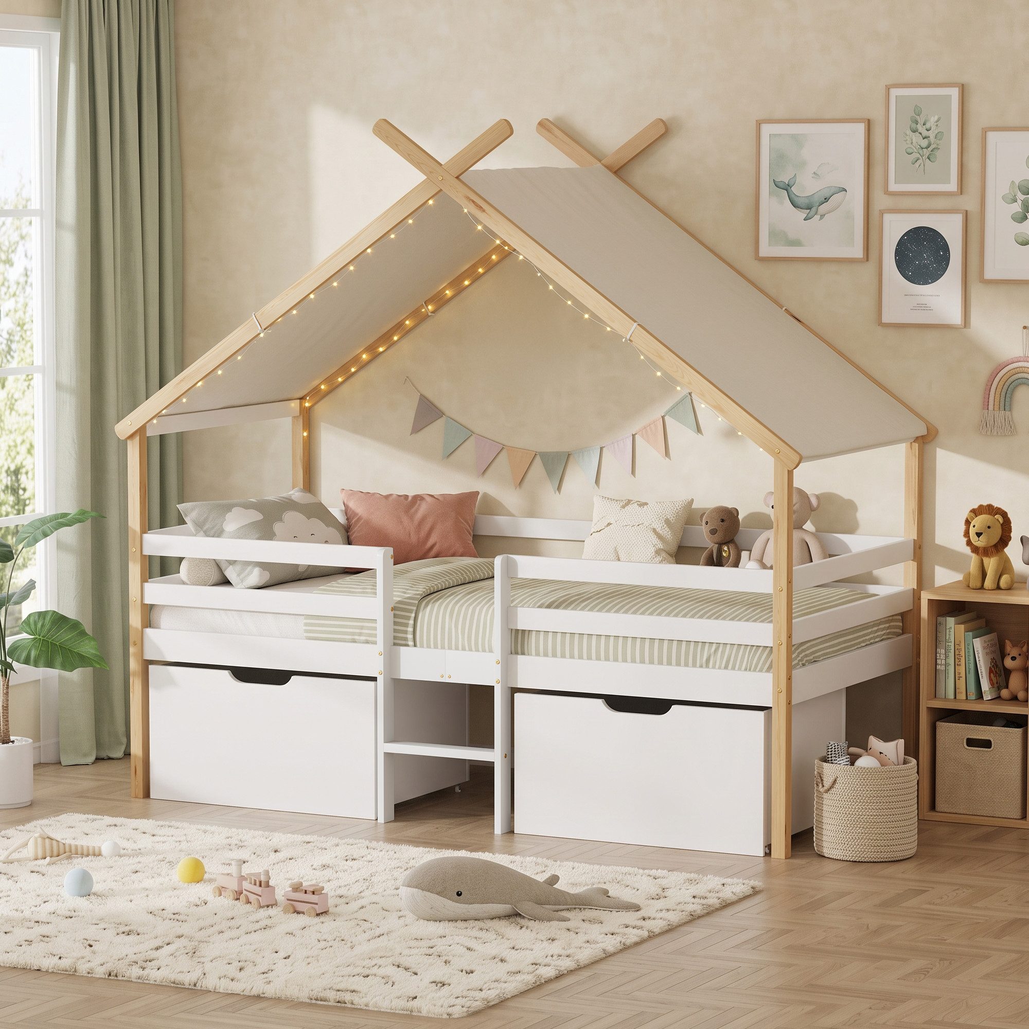 en.casa Kinderbett, »Surnadal« Haus-Optik mit Rausfallschutz 90x200cm Weiß/Natur