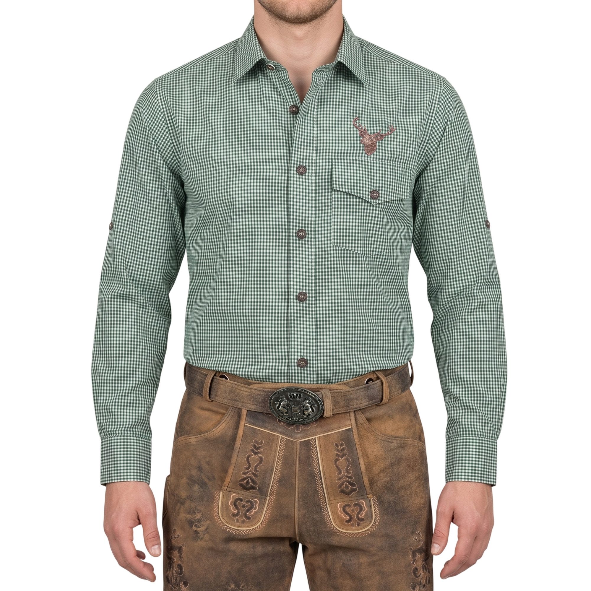 German Wear Trachtenhemd GW1208-H Herren karo Trachtenhemd Rot grün Karriert mit Hirsch stickerei