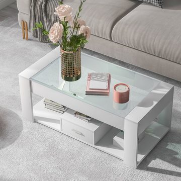 WISHDOR Couchtisch Wohnzimmer Couchtisch mit Glasplatte (Weiss 100 x 50 x 40cm, ouchtisch mit Glasplatte, Schließfächern und Stauraum), Groβer offener Raum Gehartetes Glas