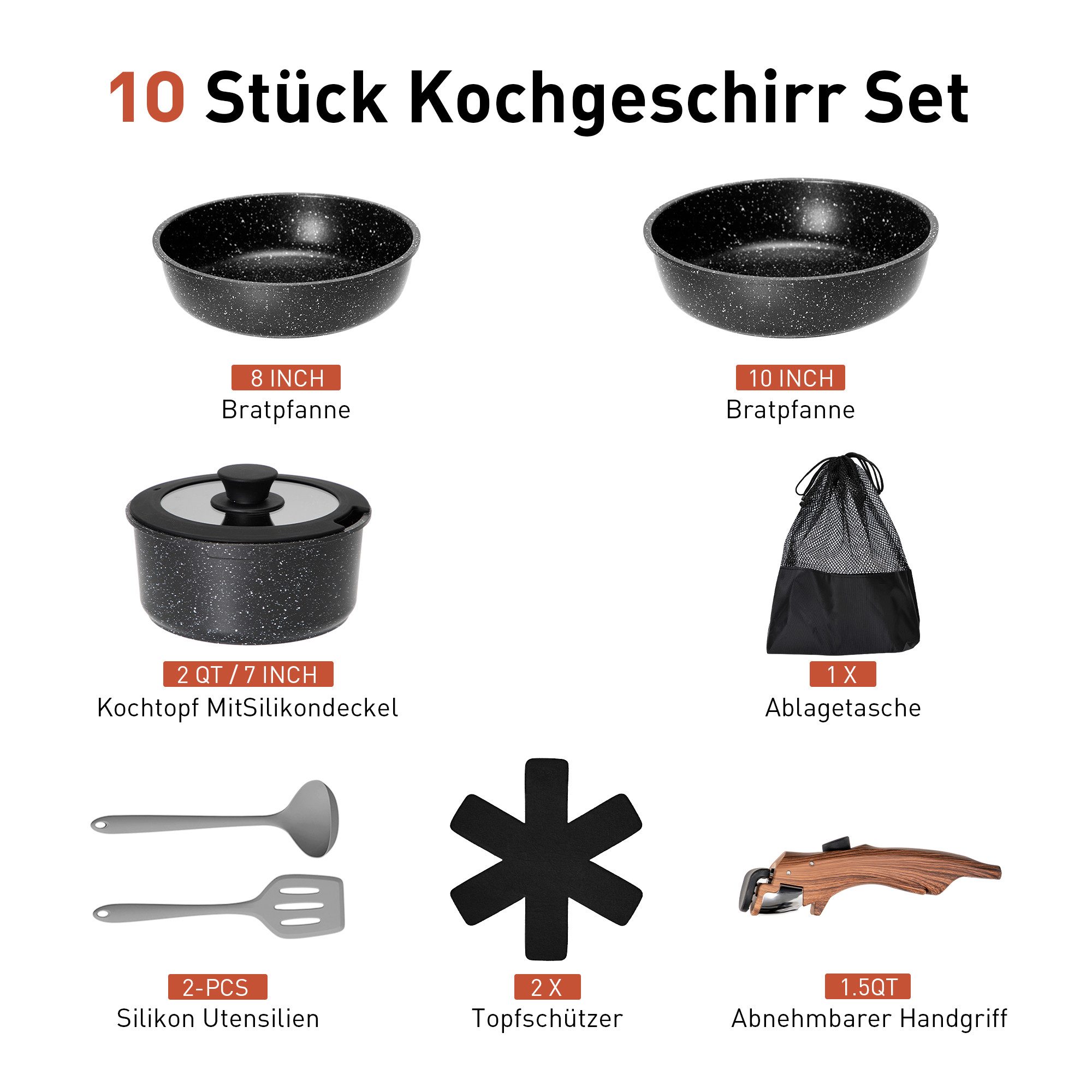 Kitchen Academy Pfannen-Set, (10-tlg, Pfanne 20cm/25cm, Stielkasserolle mit Deckel 18 cm, 2 Silikonspatel), Pfannenset mit abnehmbaren Griffen Töpfe und Pfannen Set mit Deckel