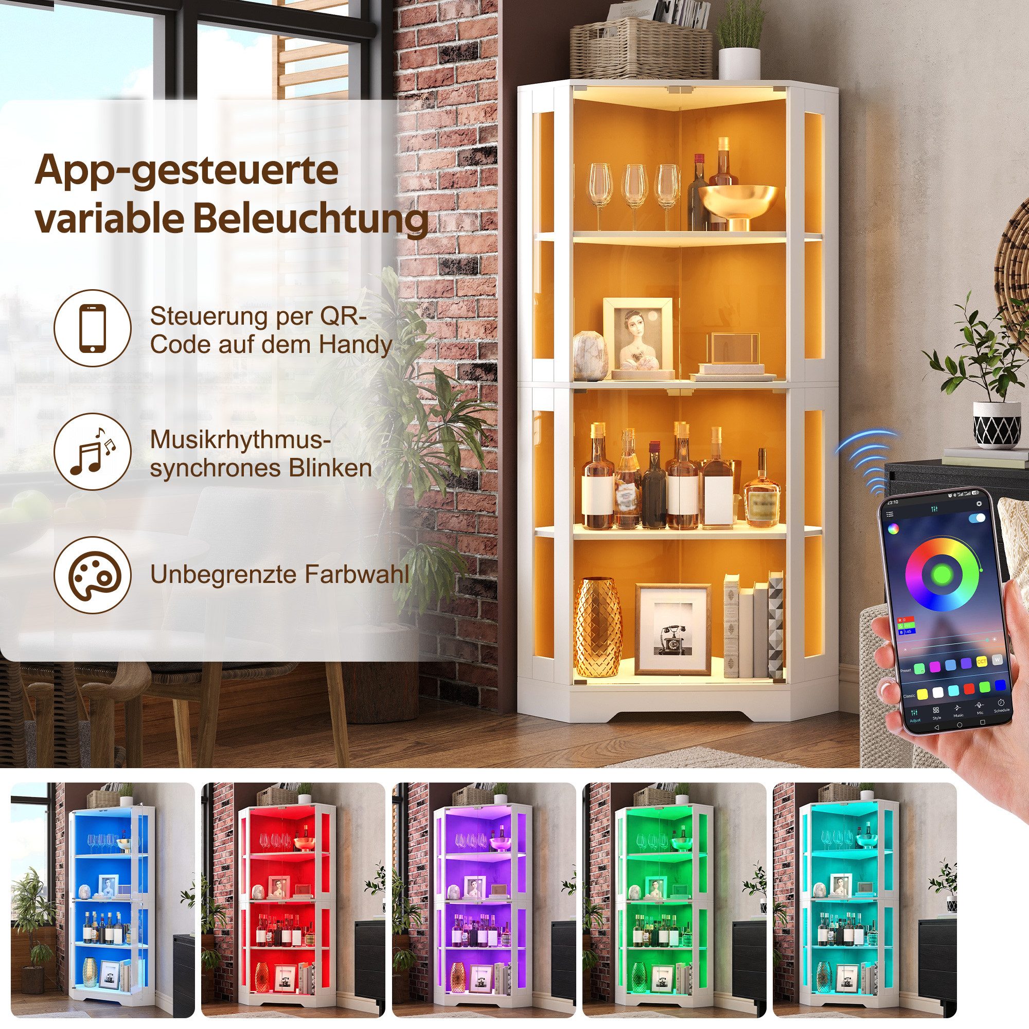 Celya Eckvitrine Glasvitrinenschrank moderner Weinschrank mit LED (4-stufiger Sicherheitsglas-Eckschrank)