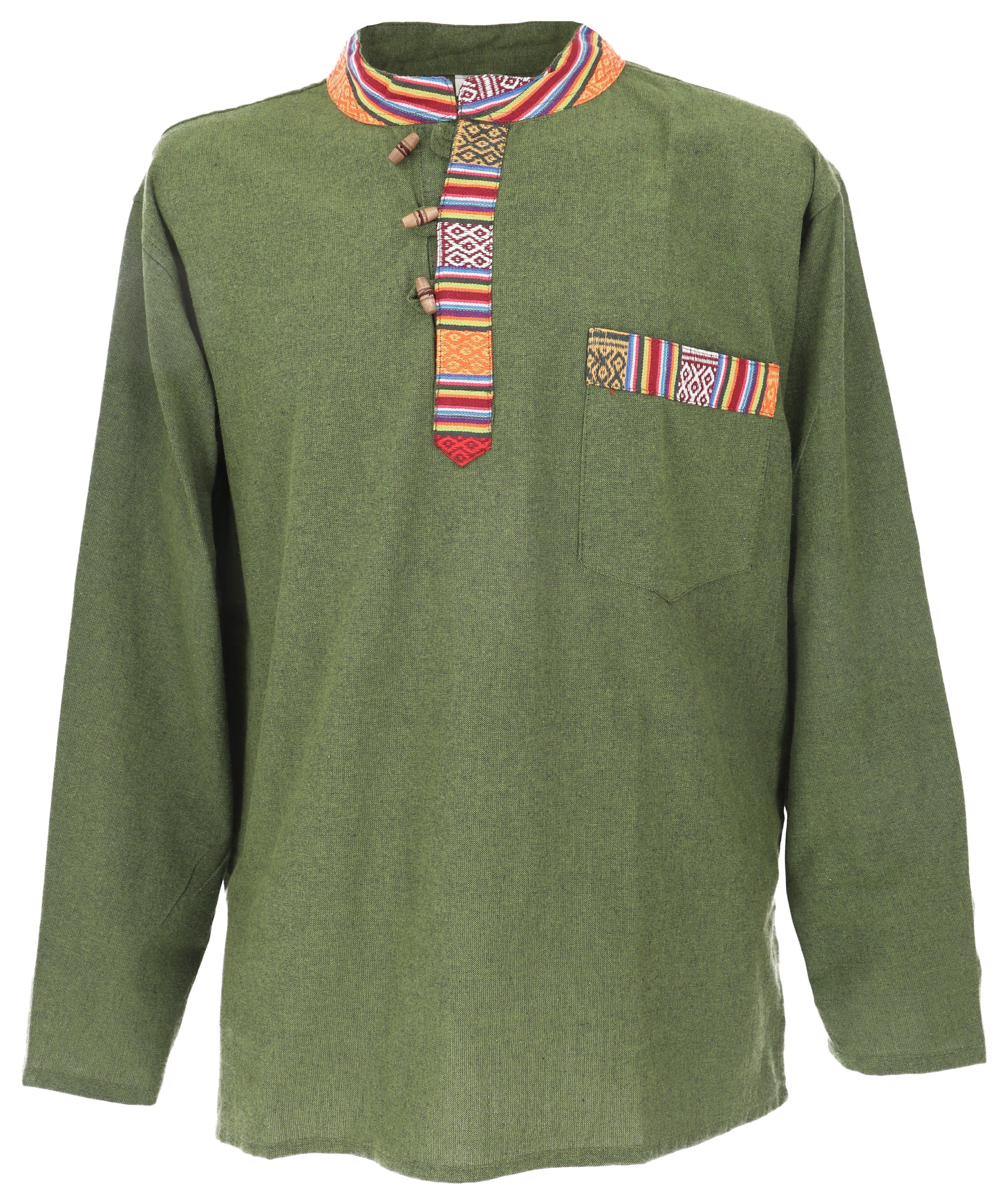 Guru-Shop Hemd & Shirt Nepal Ethno Fischerhemd, Goa Hemd - olive Hippie, Ethno Style, alternative Bekleidung